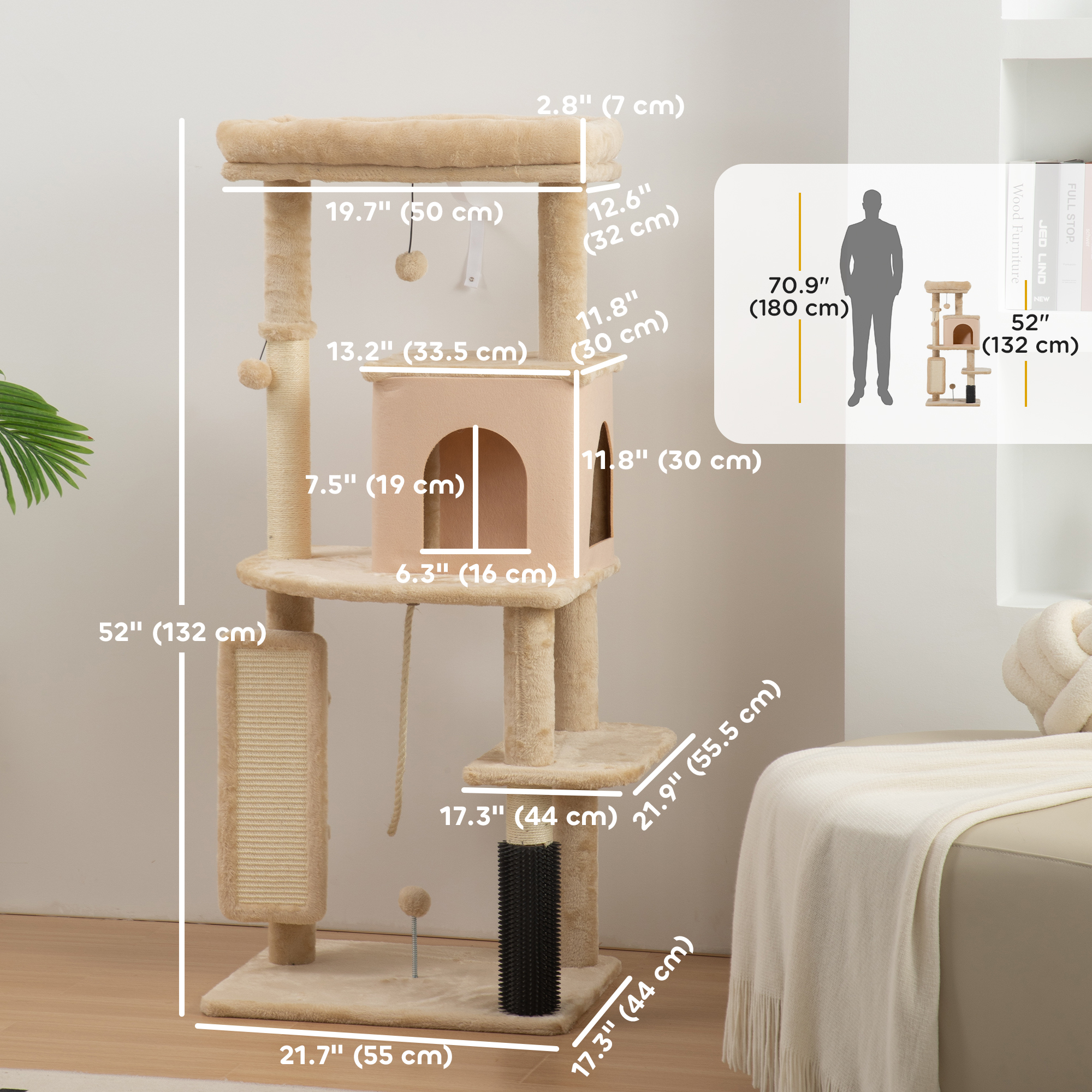 52 Inch Cat Tree with Scratching Posts, Cat Bed, Condo, Grooming Brush, Jumping Platforms, Toy Balls, Anti-tip Kit