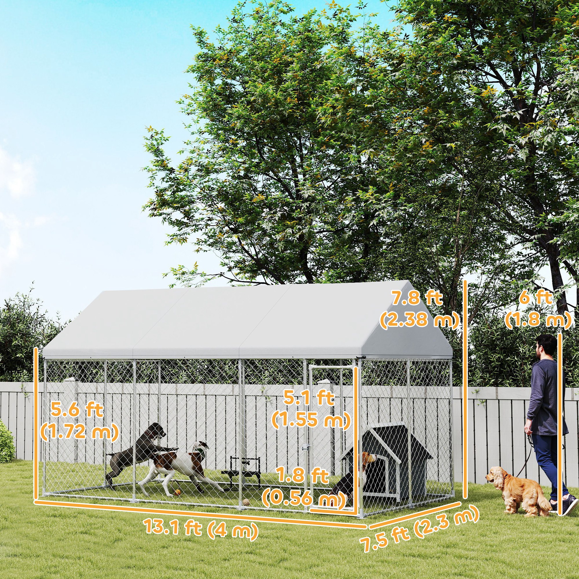 Galvanized Steel Outdoor Dog Kennel with Roof, Safety Lock, for Backyard, 13.1' x 7.5' x 7.8'
