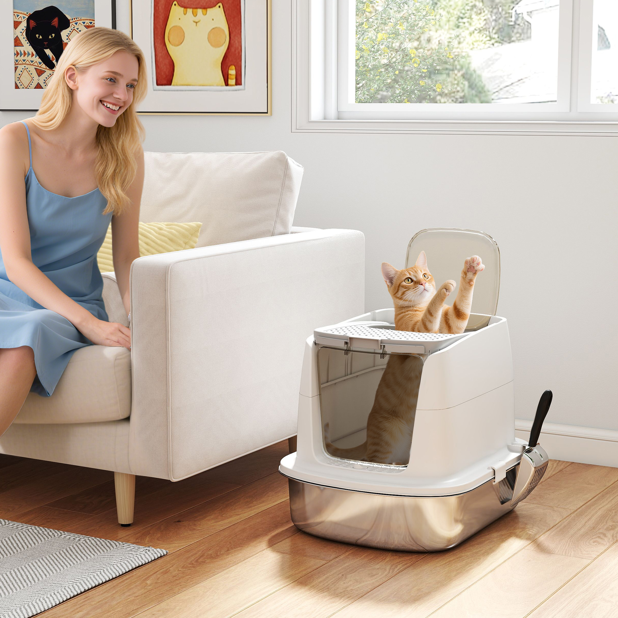 Large Stainless Steel Litter Box, Enclosed Metal Cat Litter Tray with Scoop, Deodoriser Bag, Front-Entry and Top-Exit
