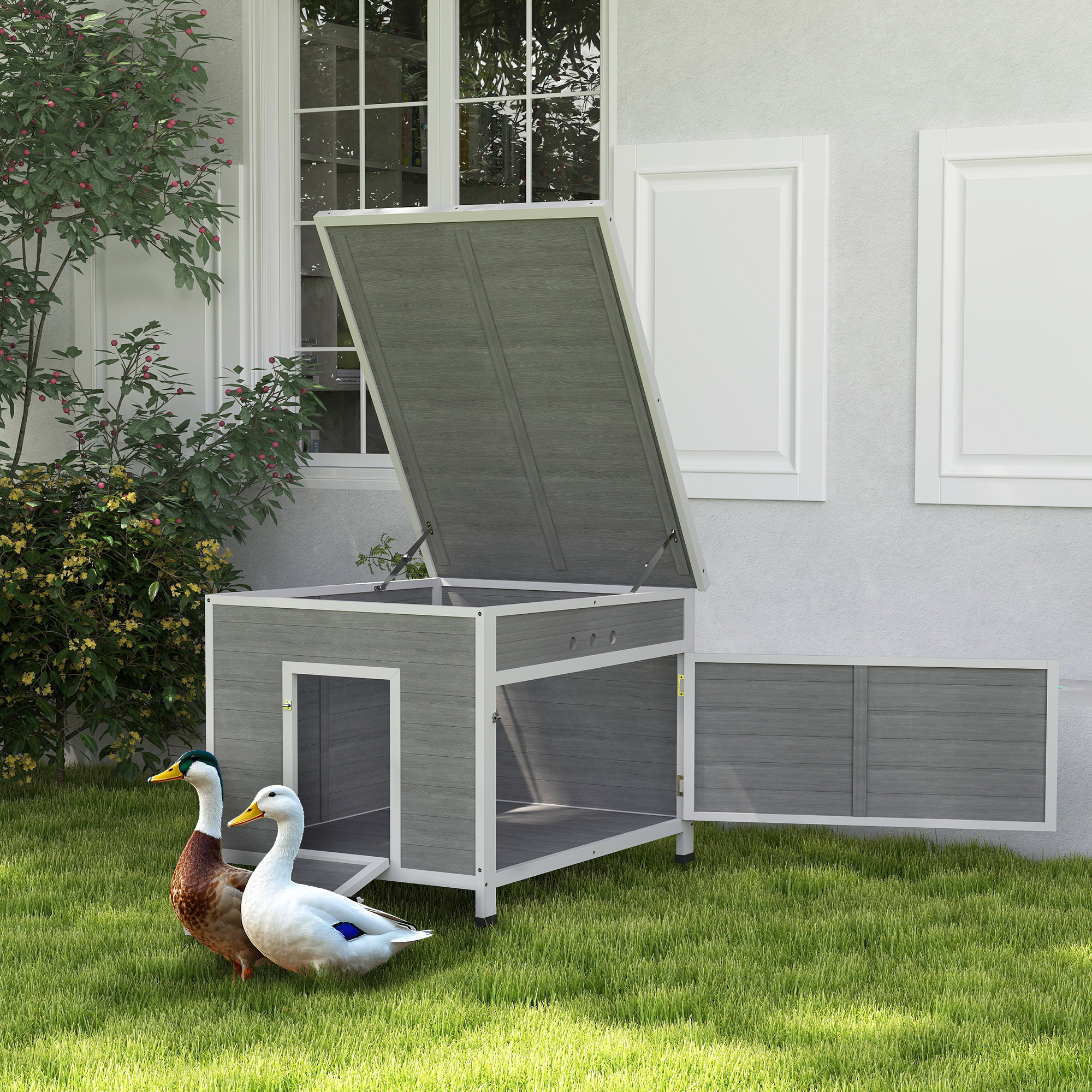 Duck Coop, Wooden Chicken House Rabbit Hutch with Openable Roof, Removable Floor, Double Doors, Ramp, Grey - Image 8
