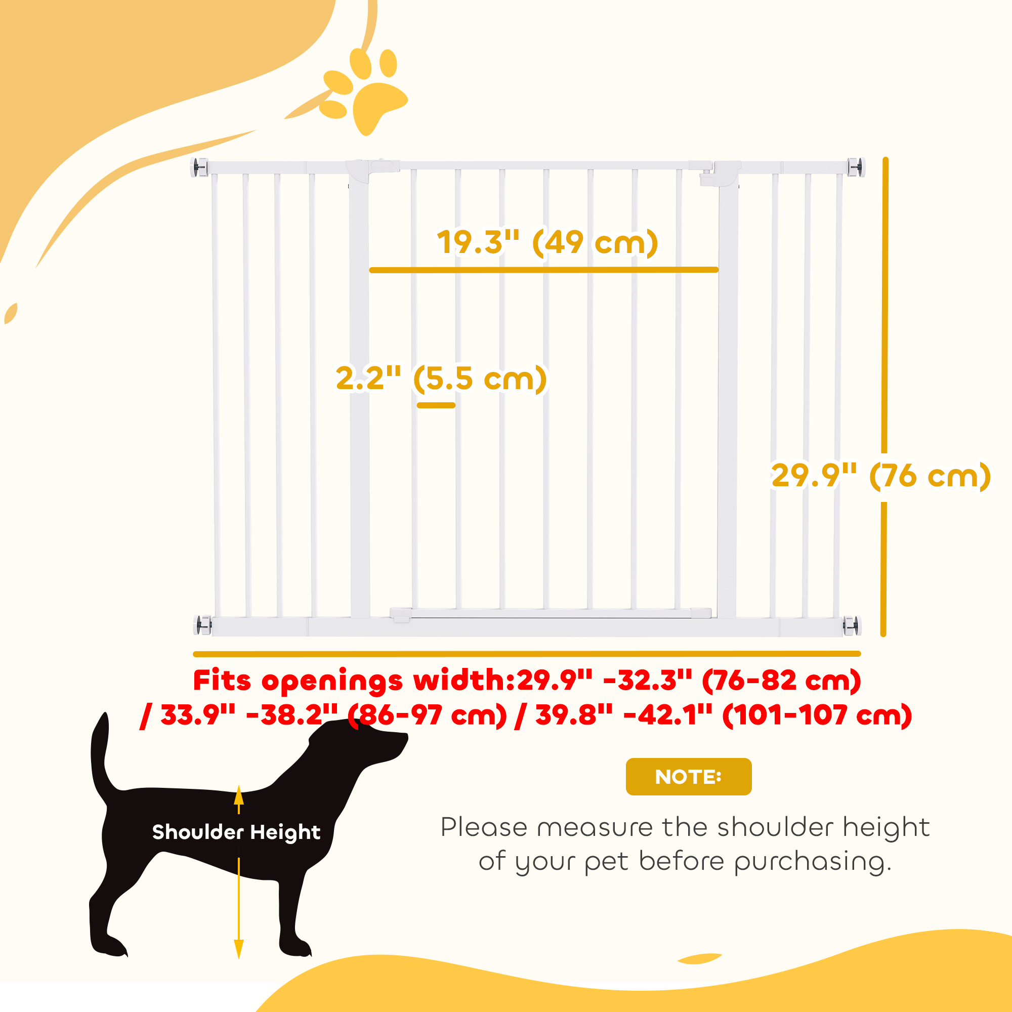 Pressure Fit Dog Gate Pet Barrier for stairs doorway, 29.9''- 42.1'' Width White