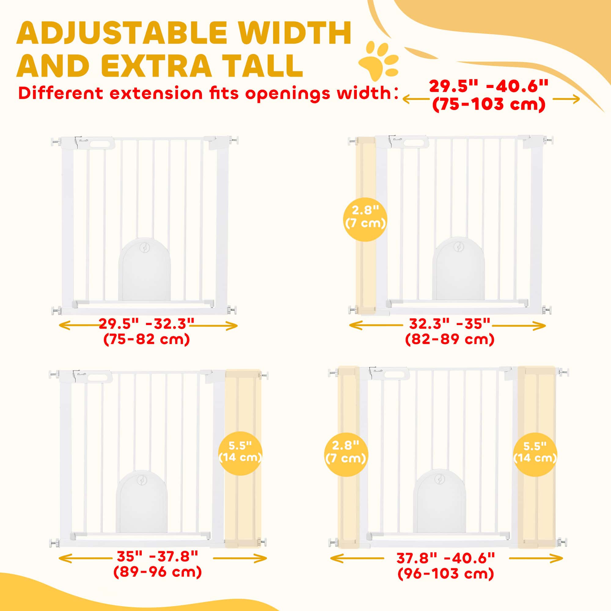30"-41" Extra Wide Pet Gate Barrier with Small Door, 30"H Dog Gate with Safety Gate Barrier, Stair Pressure Fit, White