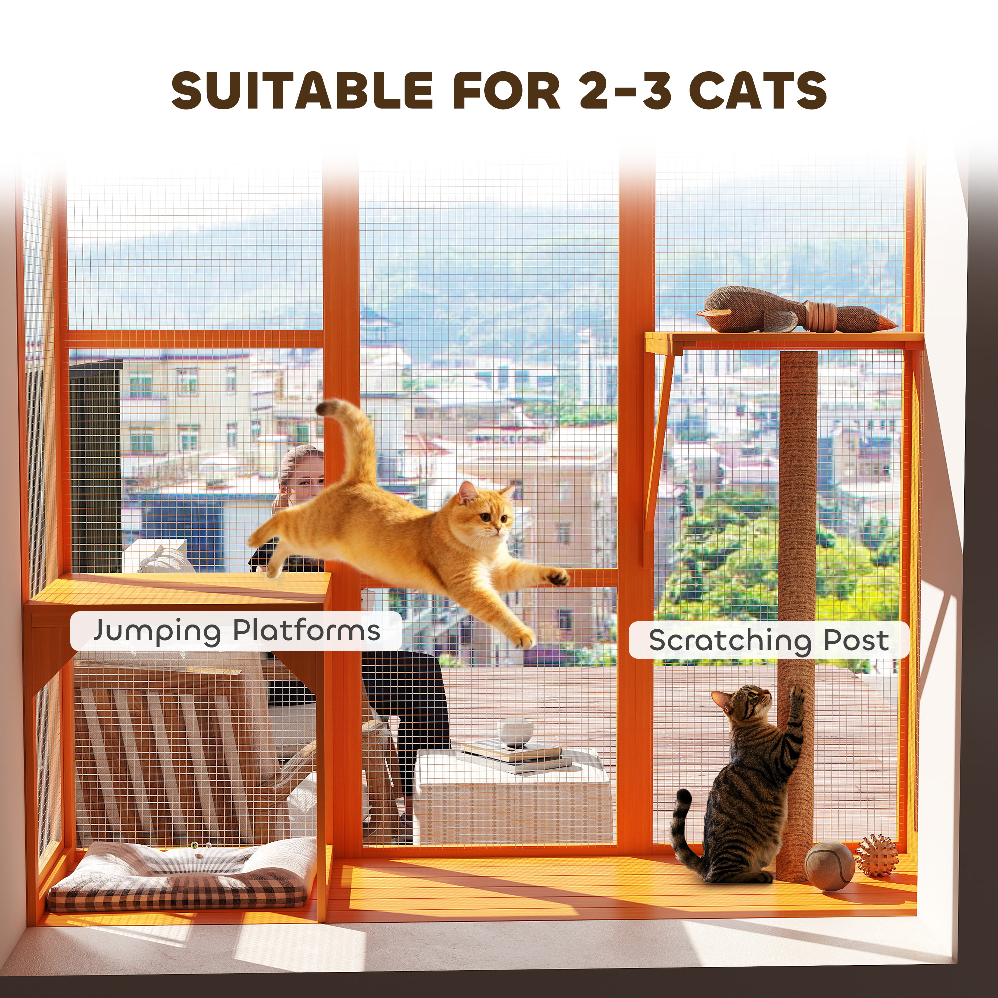 Wooden Catio Outdoor, Cat Window Box Enclosure for 2-3 Large Cats with 2 Jumping Platforms & Scratching Post, Orange