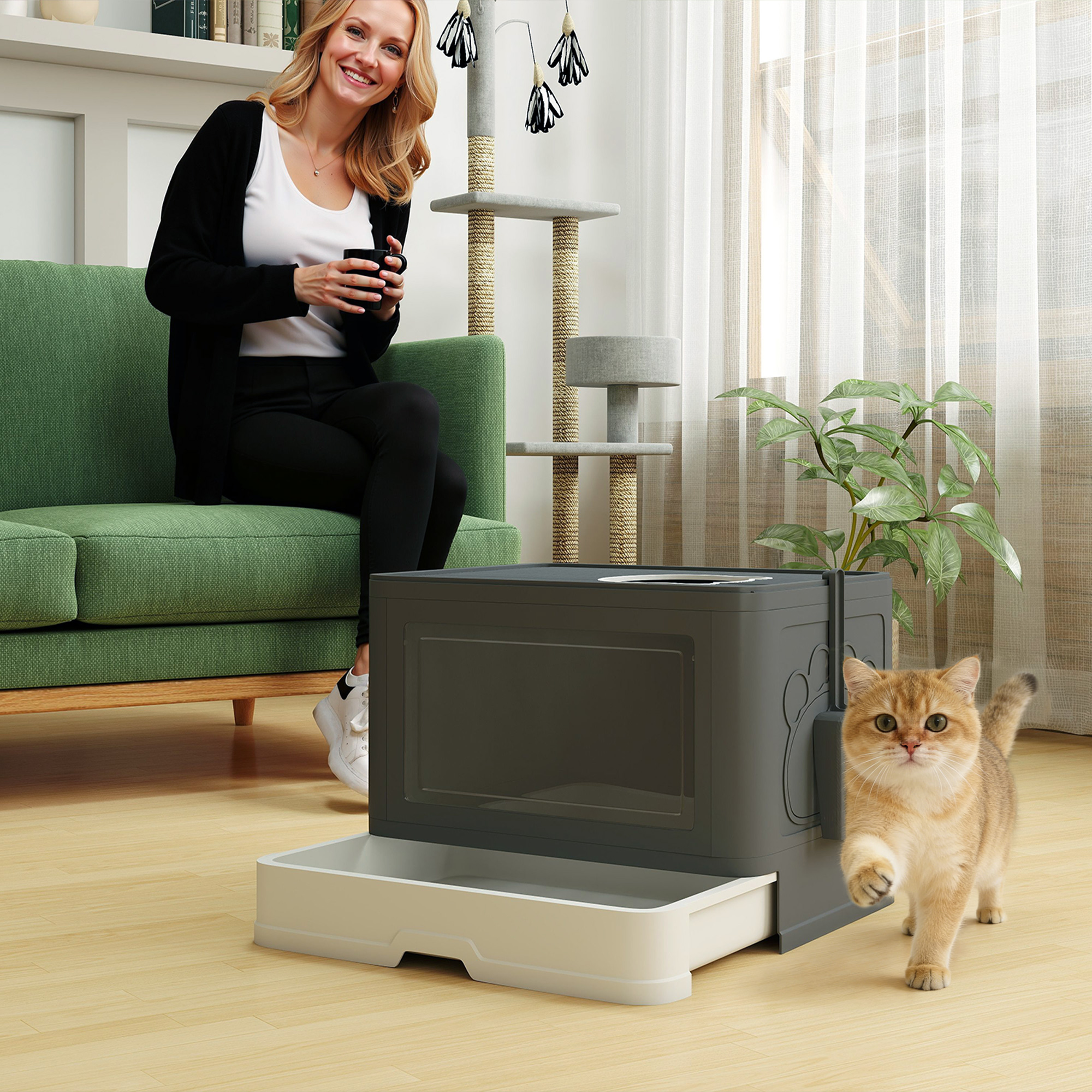 Cat Litter Box, Front Enter & Top Exit Cat Litter Tray with Scoop, Pull-out Tray, Easy to Clean, Grey