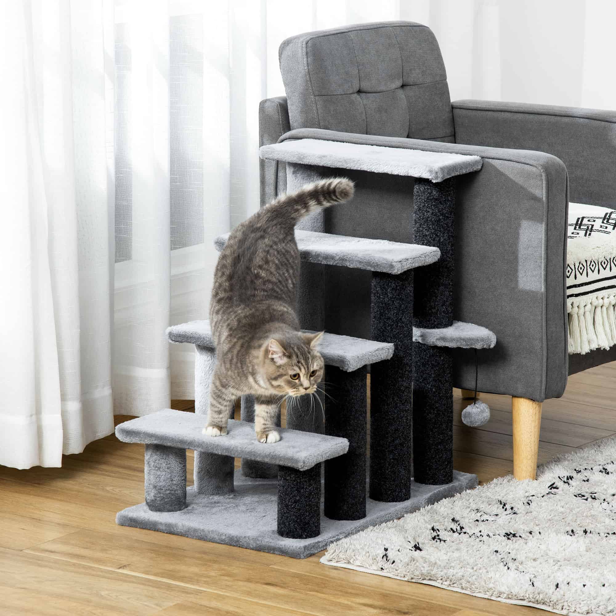 Cat Stairs for Bed, Couch 4 Steps, Small Cat Tree for Indoor Cats with Scratching Posts Toy Ball, 23.5" x 16" x 25"