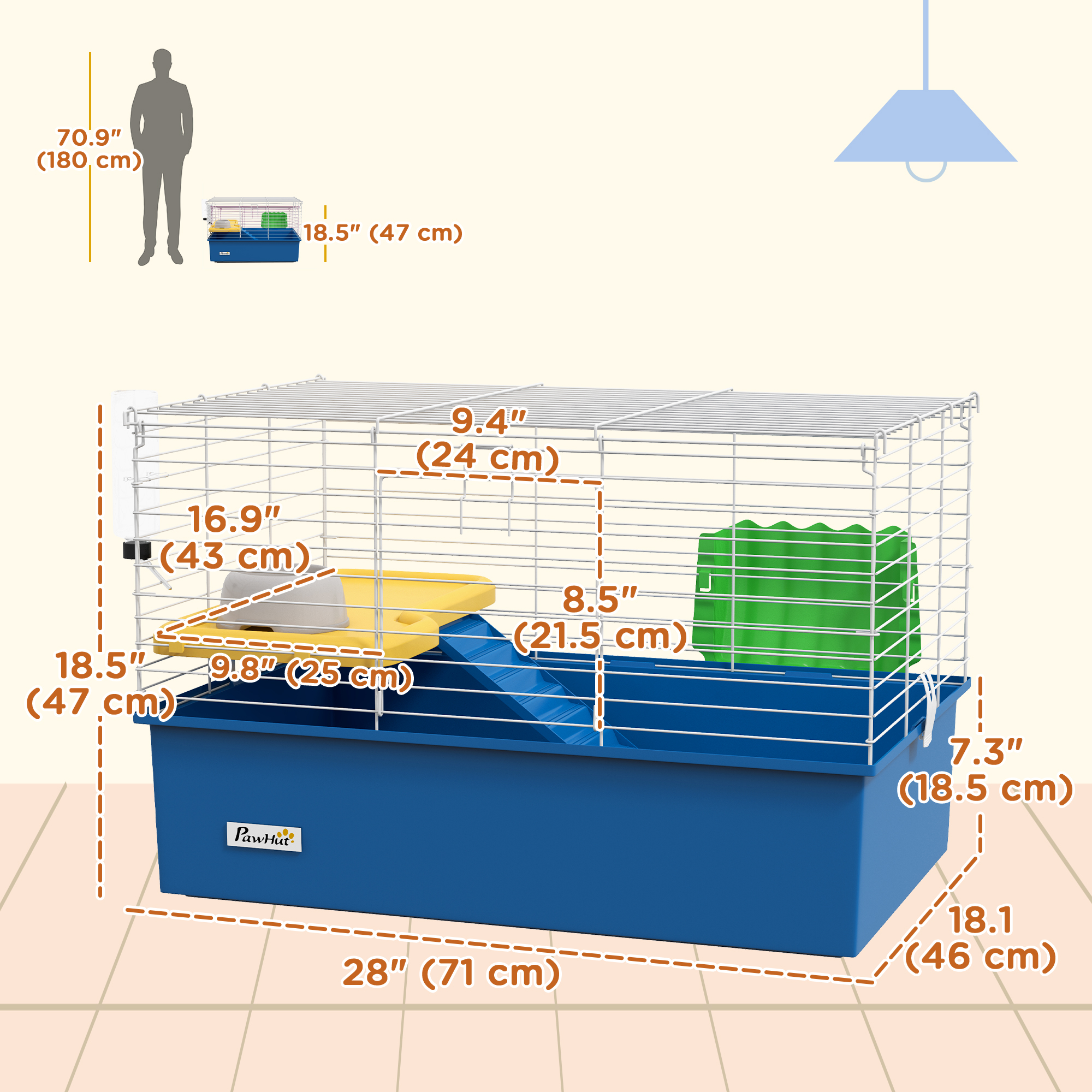 18.5" Small Animal Cage with Water Bottle, Food Dish, Platform, Ramp, Blue - Image 3
