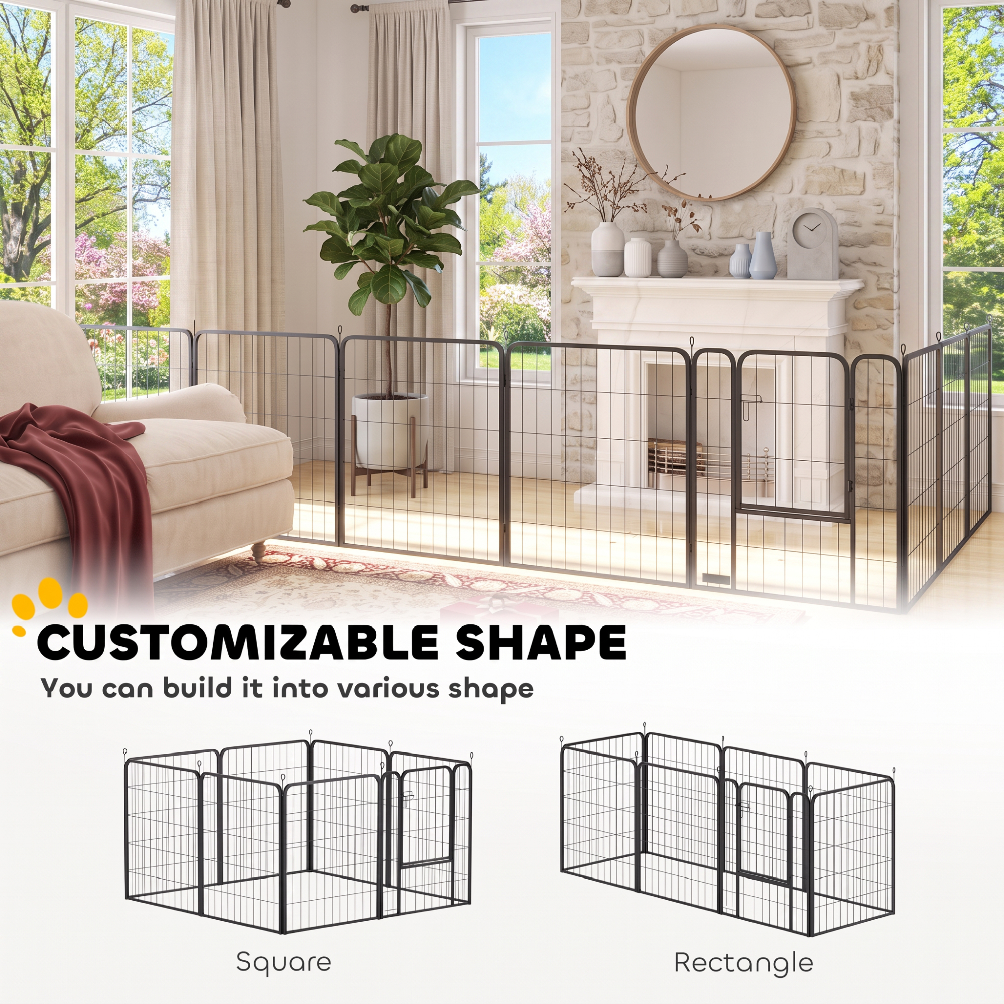 Large Dog Playpen Indoor Outdoor Foldable Pet Pen with Lockable Door and Ground Stakes for Large Dogs, Black
