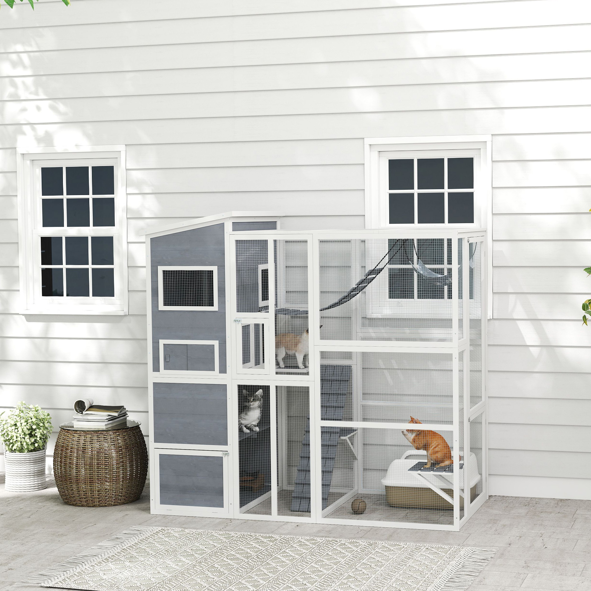 76" Catio Outdoor Cat Enclosure with Cat Condo, Jumping Platforms, Ladder, Ramps, Hammock for 2-3 Indoor Cats, Grey