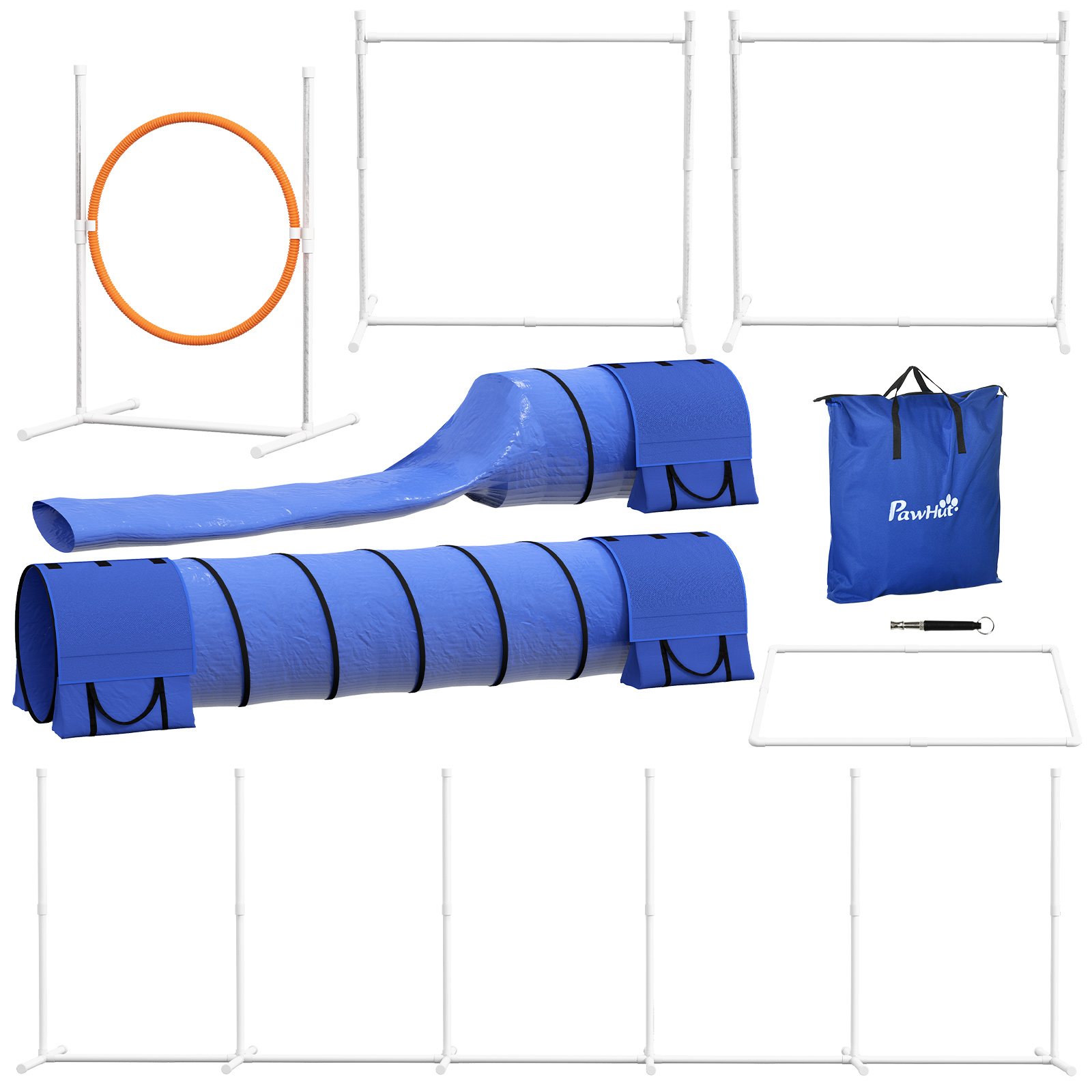 7 Pcs Dog Agility Kit w/ Tunnels, Weave Poles, Adjustable Hurdles, Jump Ring, Pause Box, Whistle, Carry Bag, Blue
