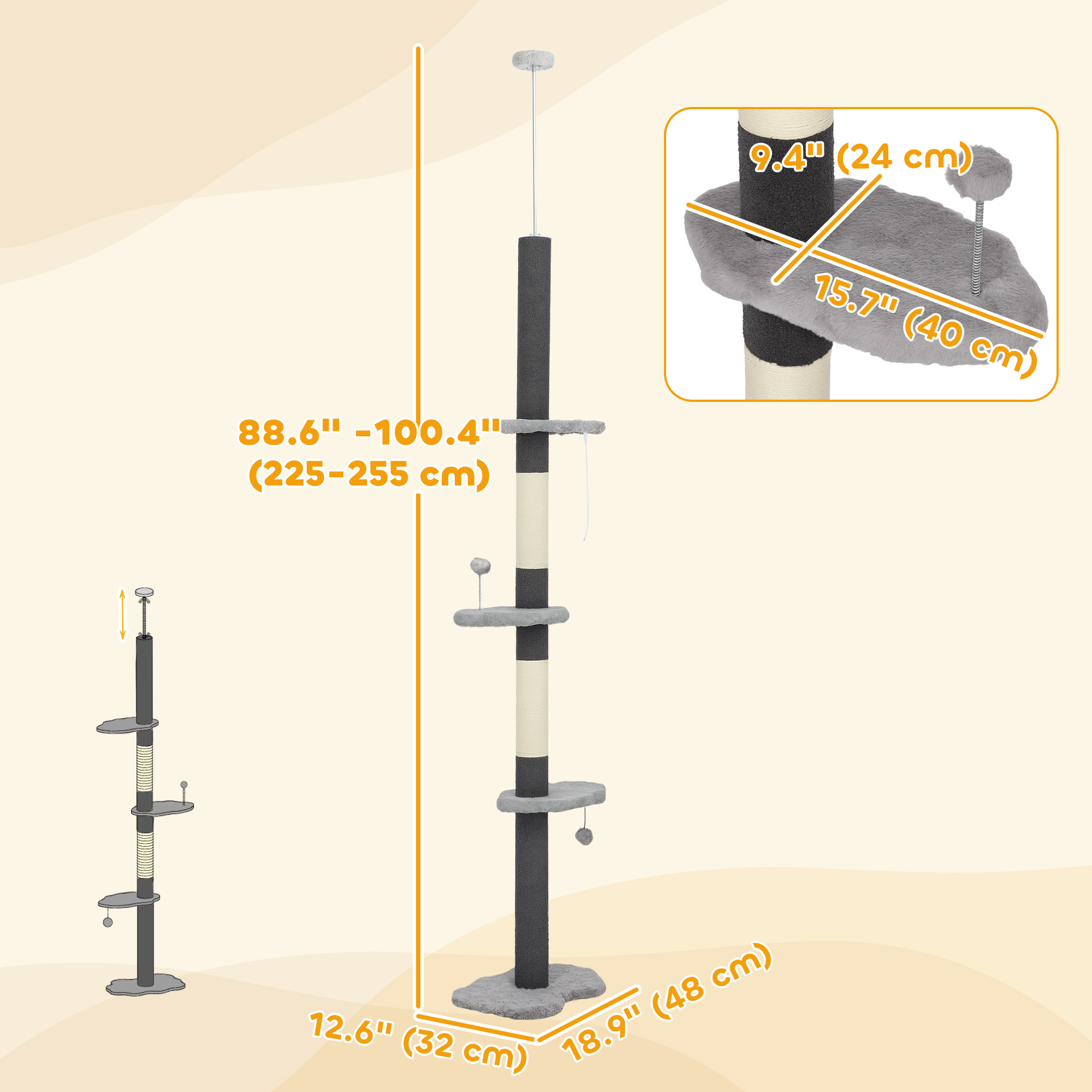 88.5"-100.5" Floor to Ceiling Cat Tree, Cat Tower with Scratching Posts, Cloud Shaped Platforms, Dangling Balls, Grey