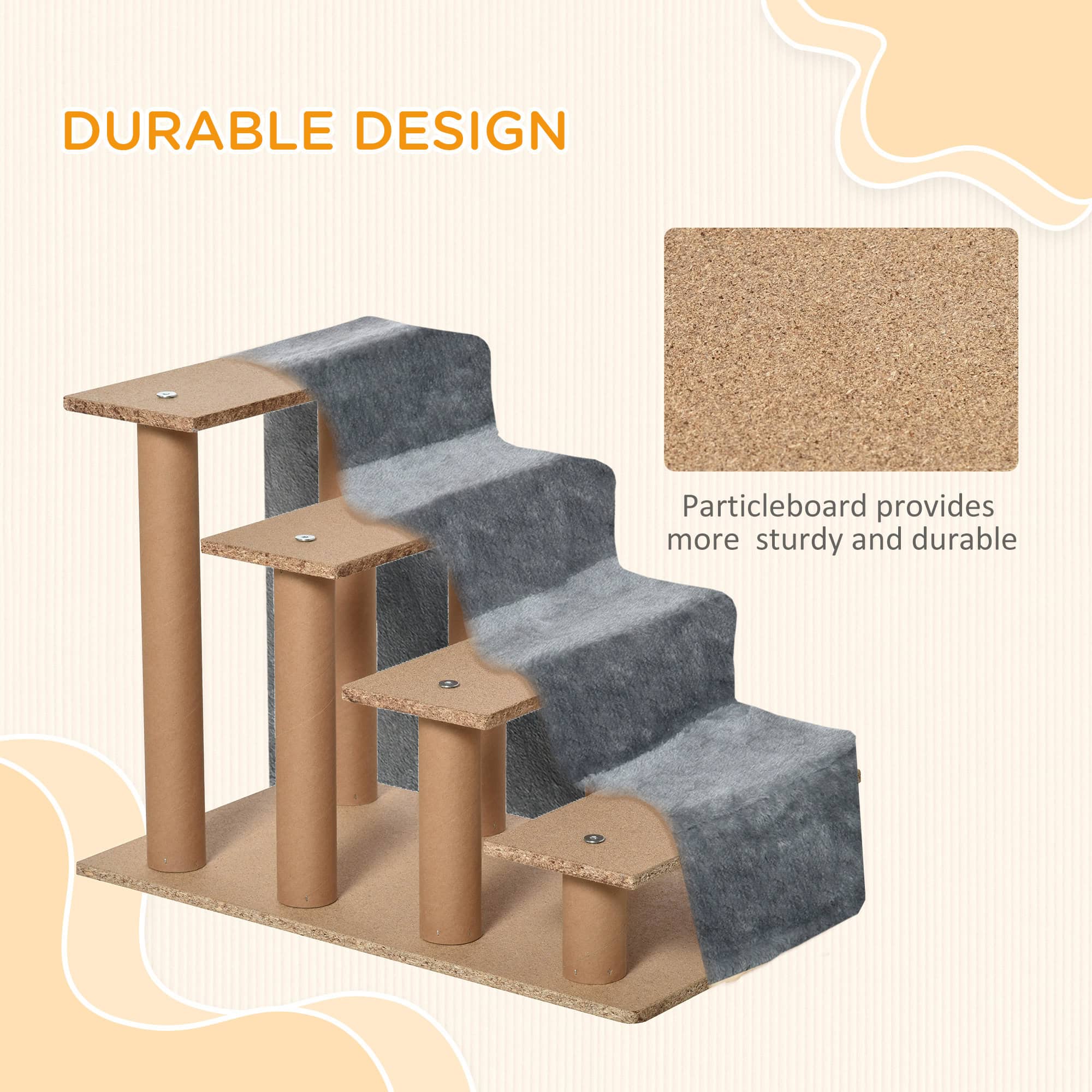 4-Step Dog Ramp for Sofa, Bed, and Couch, with Removable Cover, Light Grey