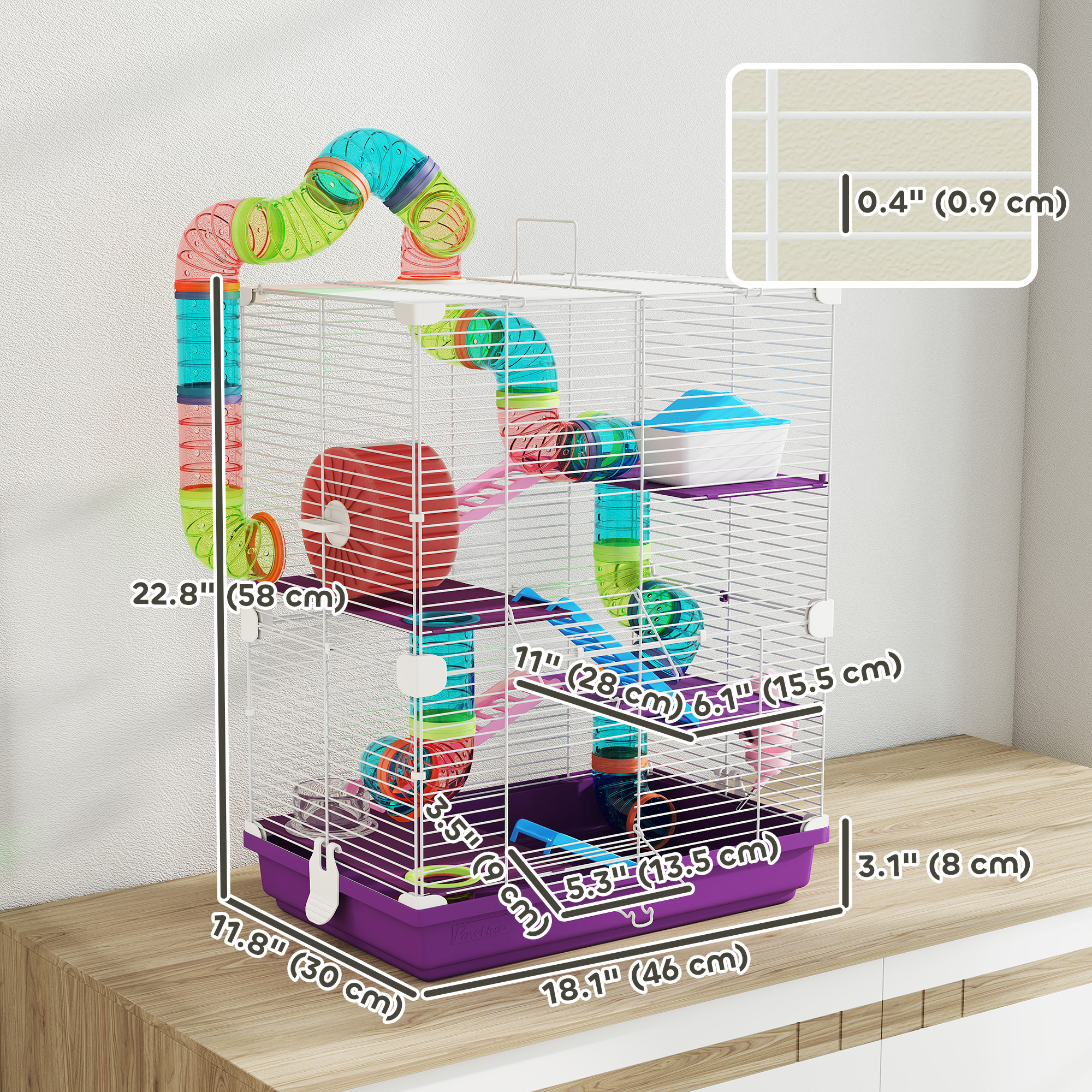 5 Tiers Hamster Cage Portable with Exercise Wheels Play Tube Water Bottle Dishes House Ladder for Gerbils, Purple