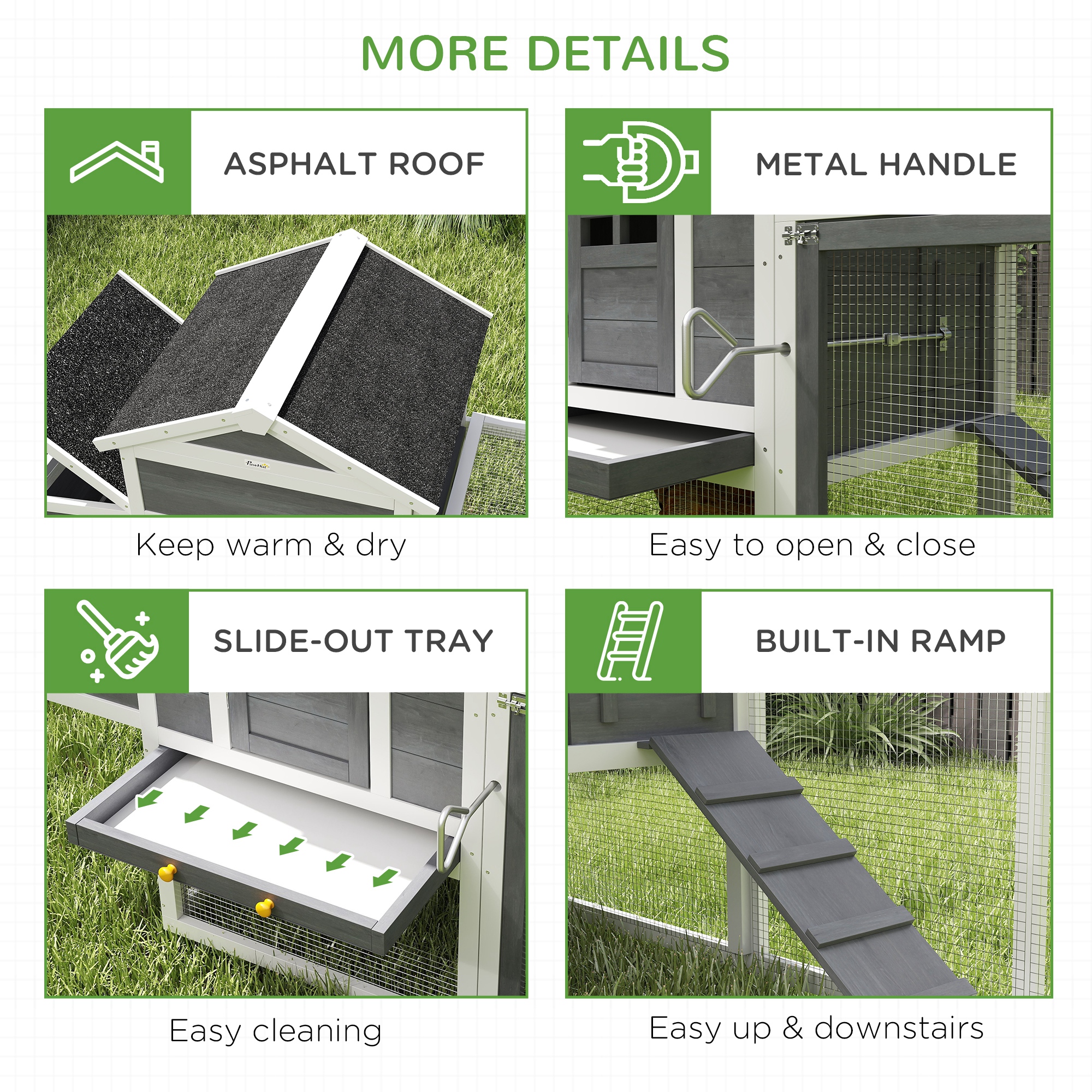 117" Extra Large Chicken Coop with Asphalt Roof, Wooden Hen House with Slide-out Tray, Quail Hutch with Nesting Box, Grey