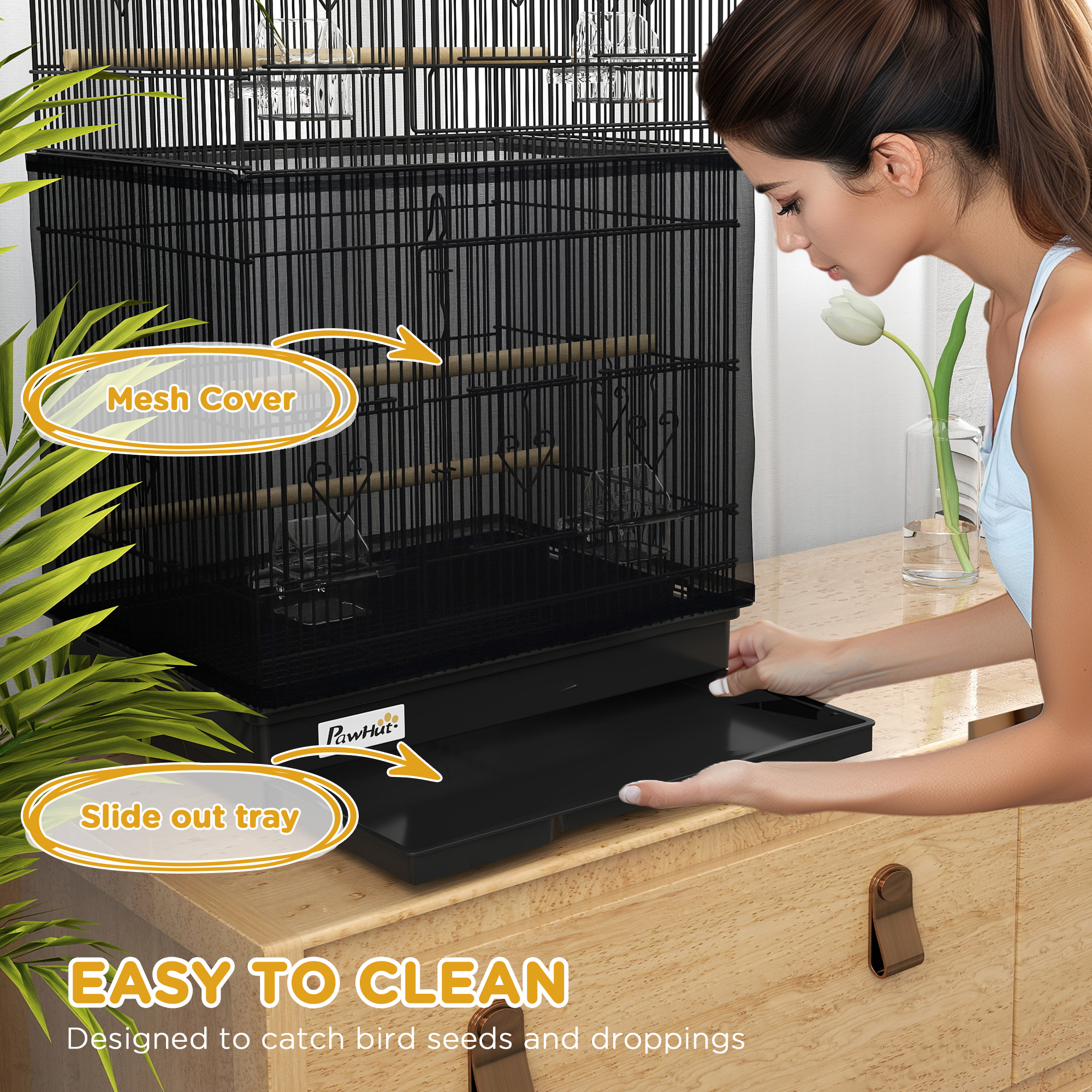 36" Bird Cage with Accessories, Handle, Mesh Cover, Tray, Black