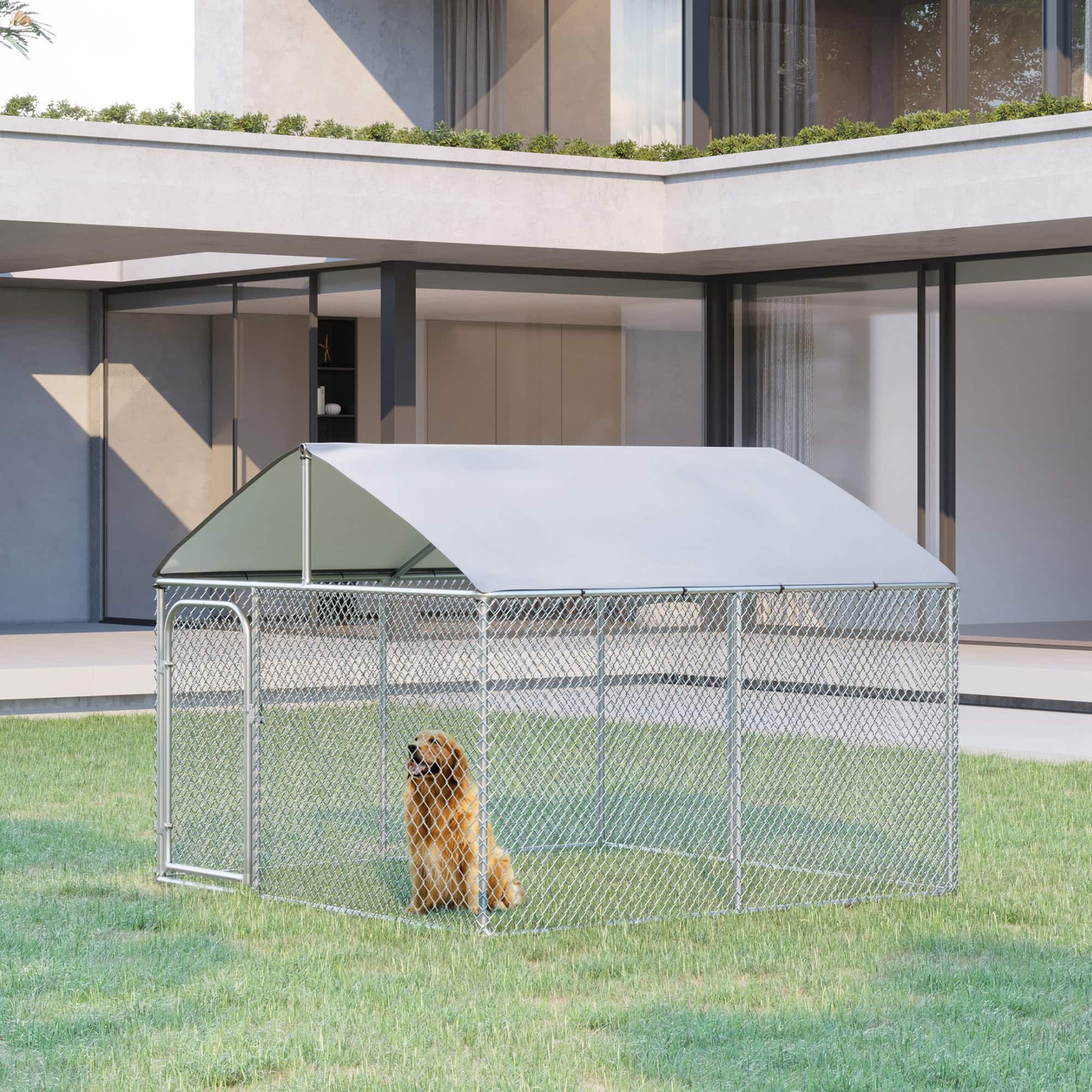 Outdoor Dog Kennel with Roof, Dog Run with Waterproof & UV-Resistant Cover, Secure Lock, for Backyard & Patio, 7.5' x 7.5' x 5.7' - Image 8