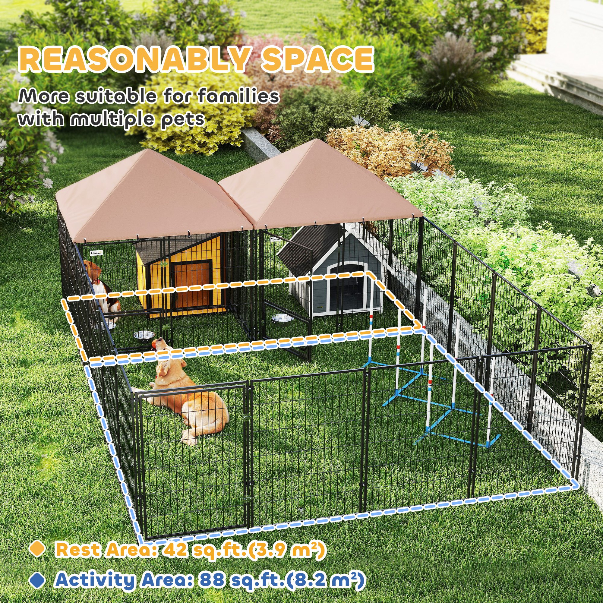 Large Outdoor Dog Kennel with 2 Rooms, Rotating & Adjustable Height Bowls, 13.5' x 9.4' x 5.1' - Image 4