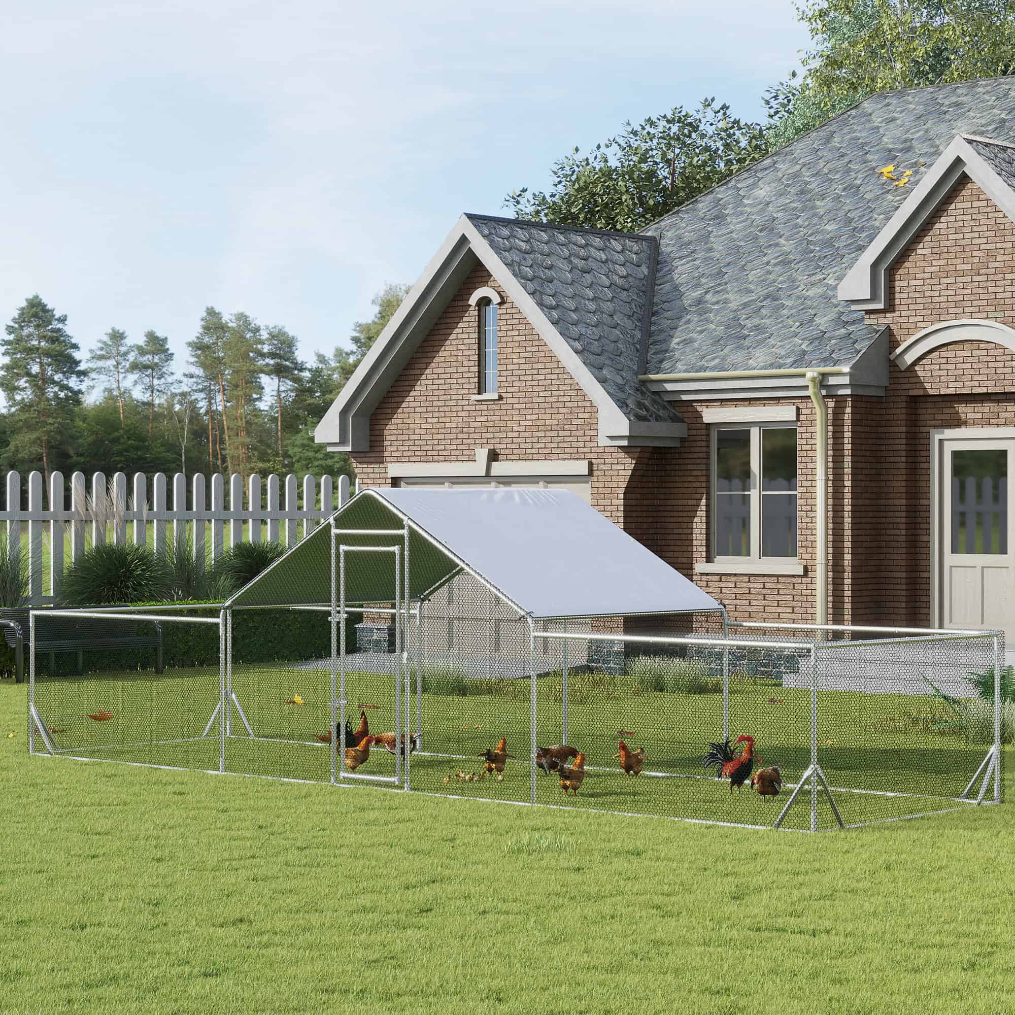 Chicken Run, 23' x 6.6' Metal Chicken Coop with Waterproof and Anti-UV Cover, Spire Roof, Door, for 12-14 Chickens, Ducks, Rabbits, Sliver