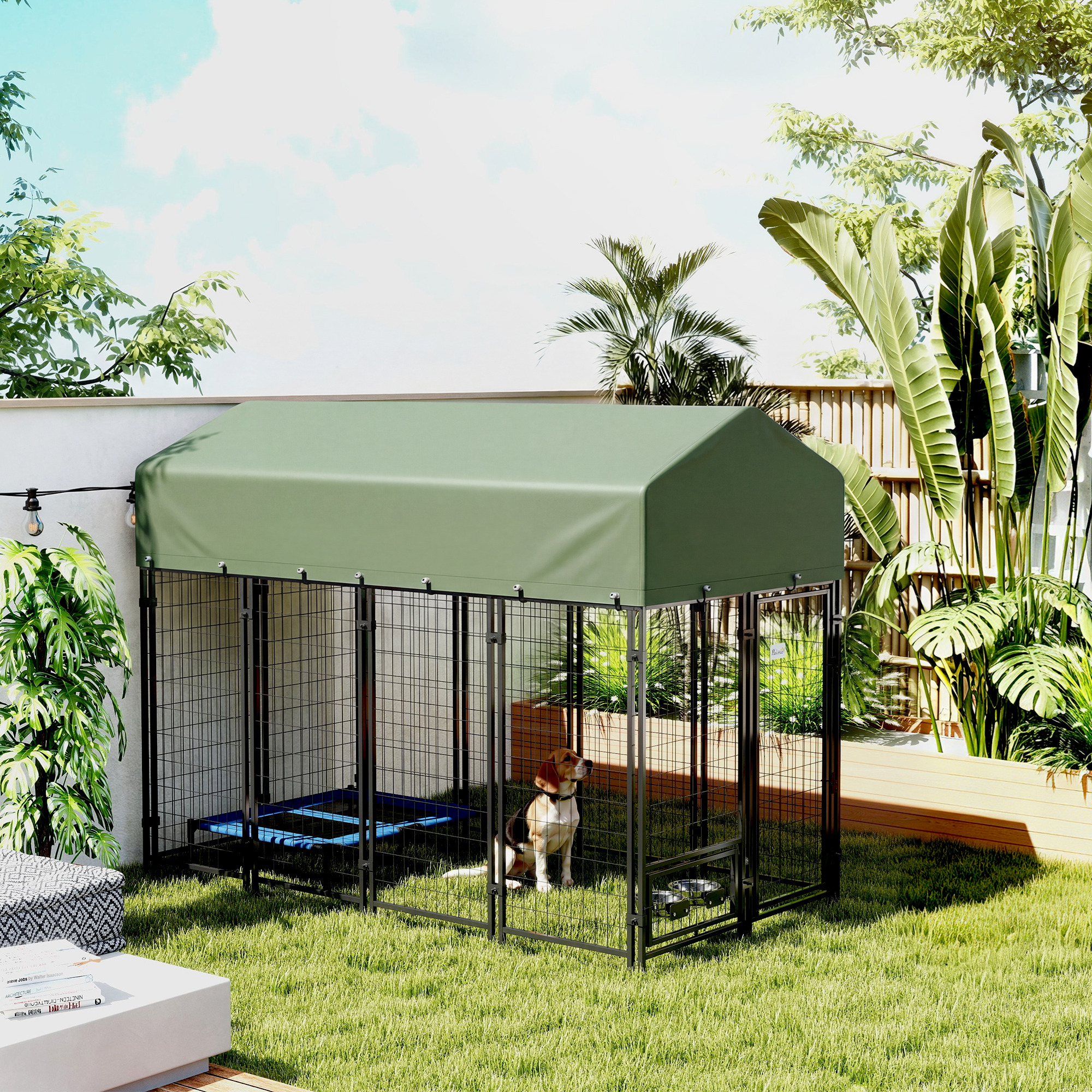 8' x 4' x 6' Outdoor Dog Kennel, Dog Kennel Outside Run with 360° Rotating Bowls, Waterproof & UV Resistant Cover Green