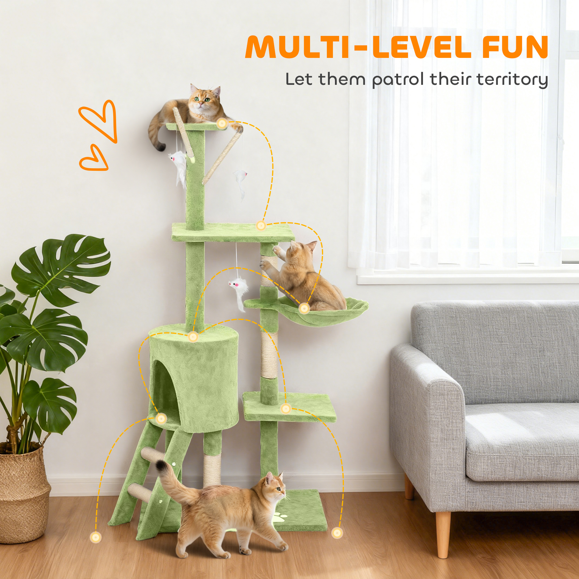 53" Cat Tree Tower, Kitten Activity Centre with Scratching Posts, Condo, Perches, Ladder, Hammock, Dangling Toys, Green - Image 4