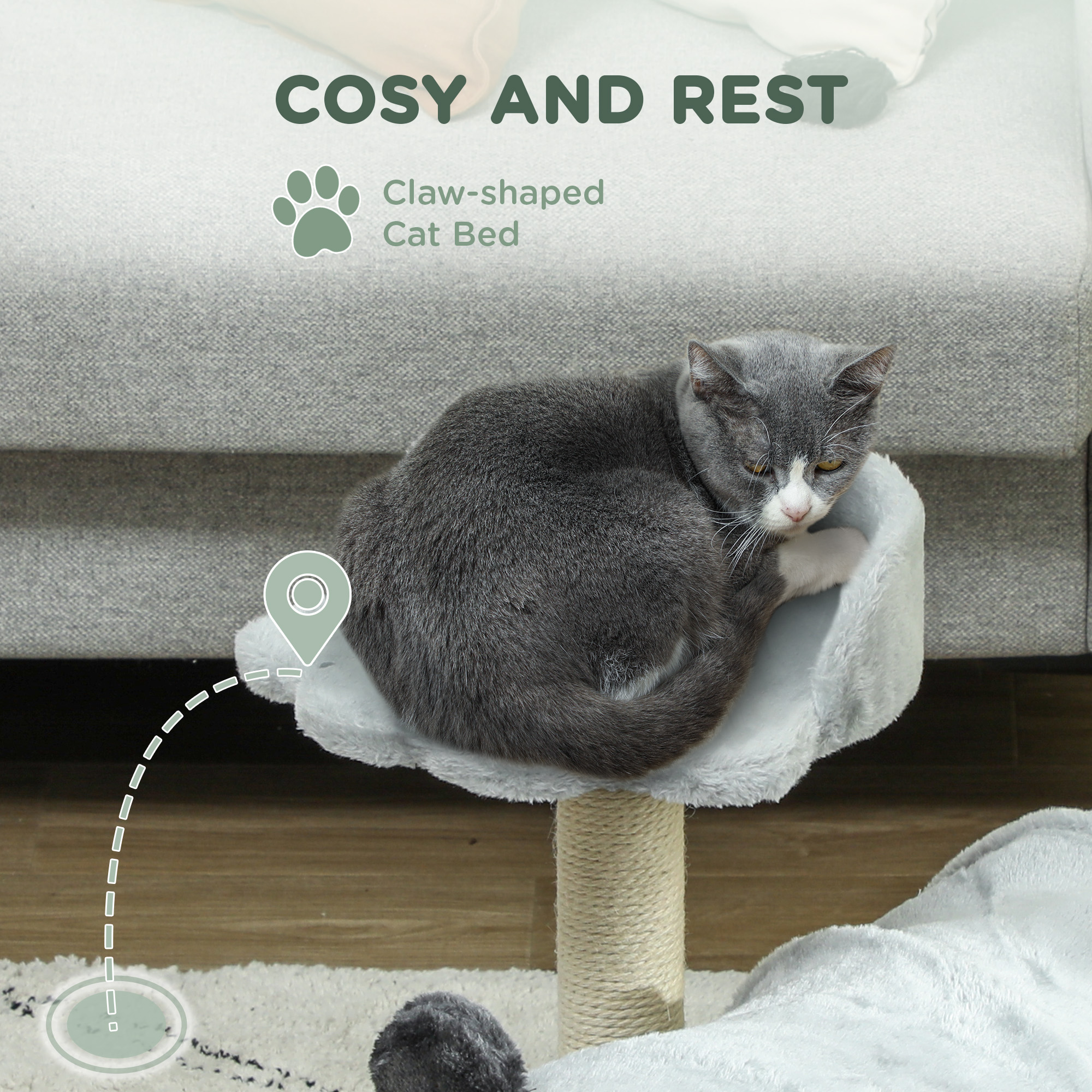 18.5" Small Cat Tree, Compact Cat Tower with Tunnel, Scratching Post, Plush Bed, Dangling Ball, for Indoor Use, Grey