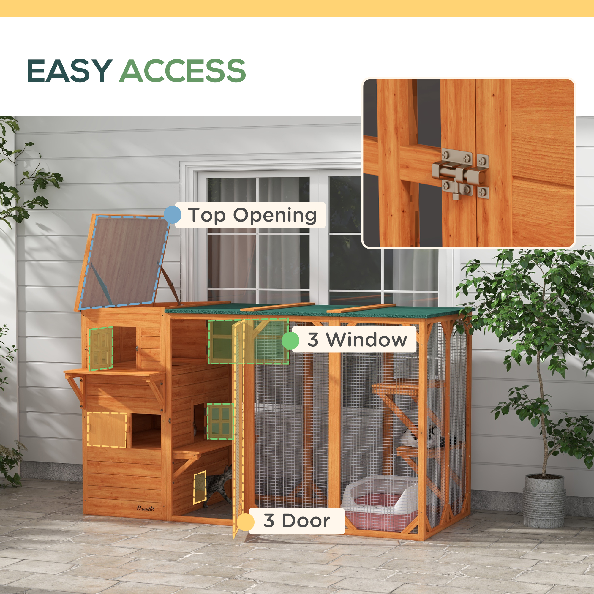 Wooden Cat Catio, 76"L Walk in Outdoor Cat House with Asphalt Roof, Platforms, Lockable Doors for 2-3 Cats, Orange
