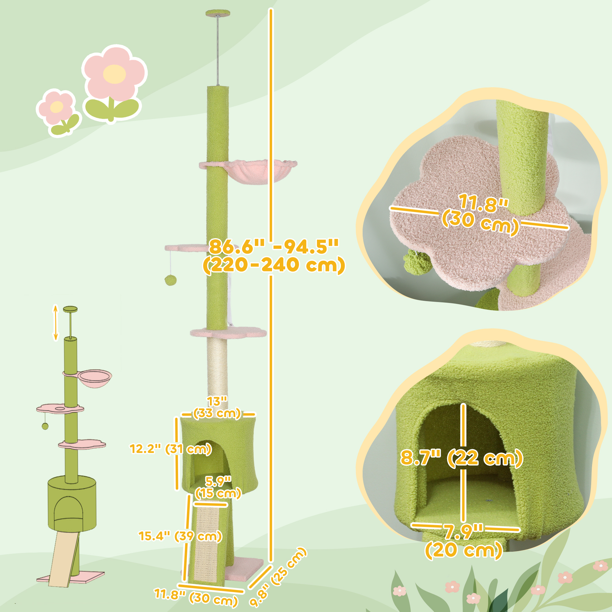 87"-94.5" Floor to Ceiling Cat Tree with Sisal Scratching Post, Condo, Hammock, Ramp, Perches, Green