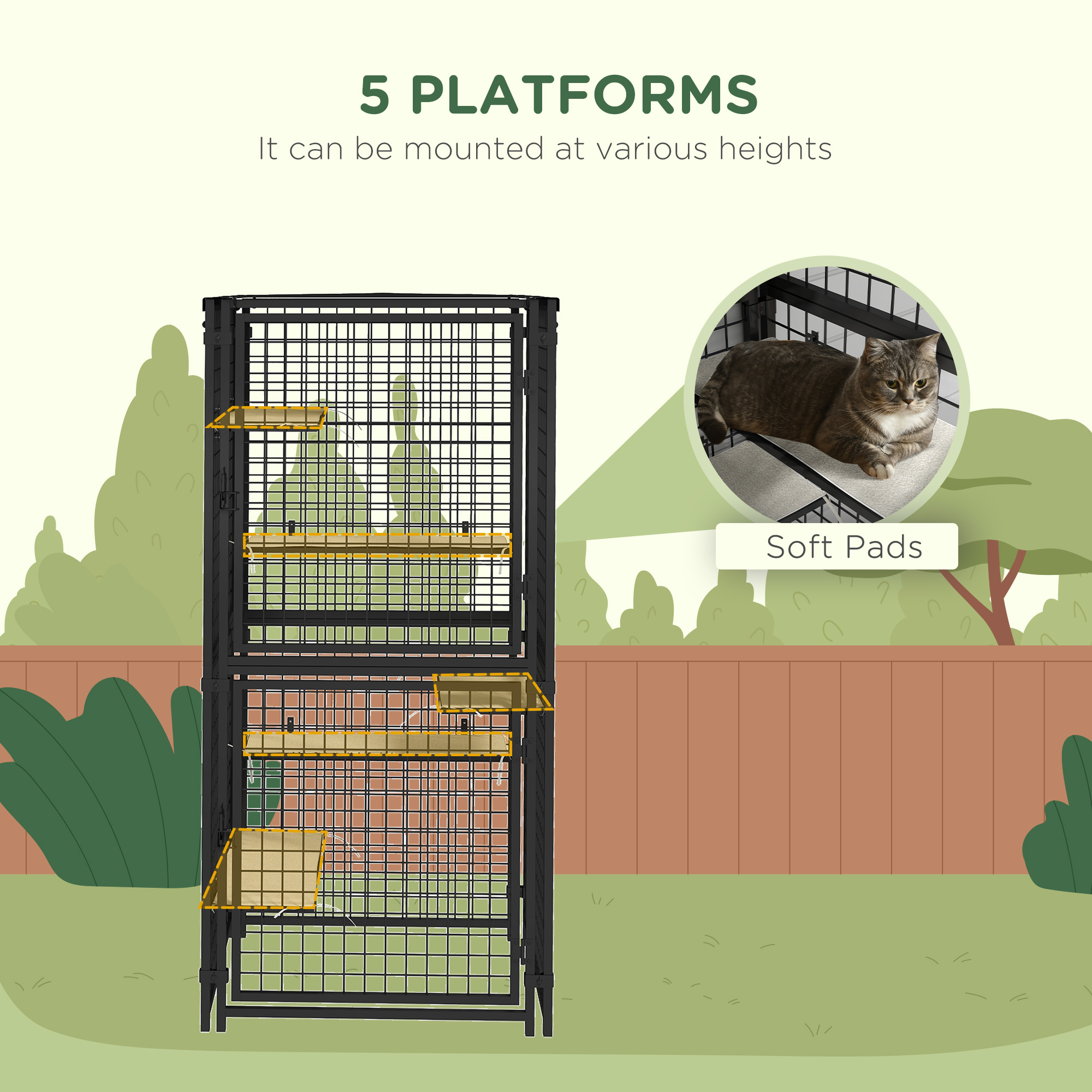 Cat Cage Multi-Level Catio Steel Outdoor Cat Enclosure w/ UV-and Water Resistant Cover, 5 Platforms, Soft Pads, Black