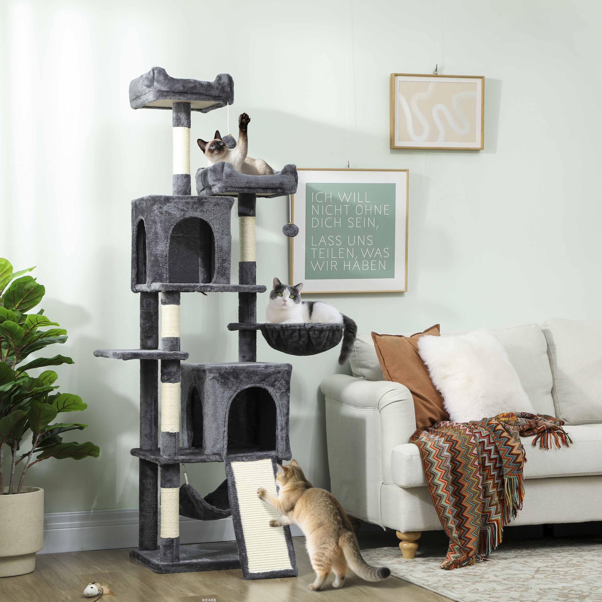 Cat Tree, 70" Multi-Level Cat Tower with 2 Condos, 2 Perches, Hammock, Toy Balls, Scratching Posts and Board, Dark Grey