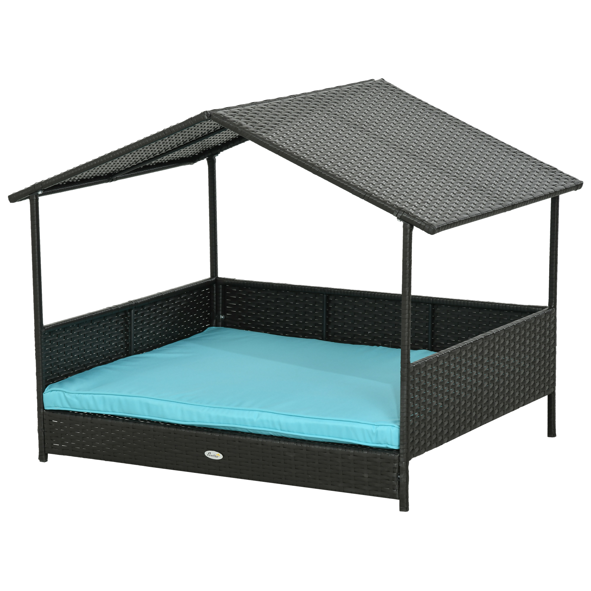 Rattan Dog House with Canopy, Wicker Dog Bed with Water-Resistant Cushion, for Small and Medium Breeds Blue