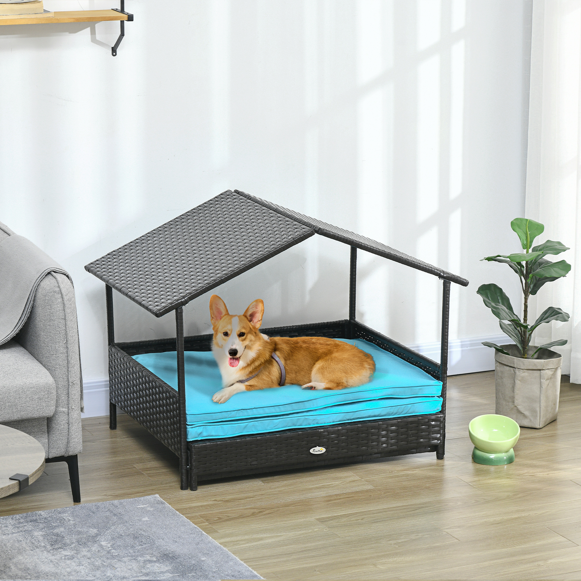 Rattan Dog House with Canopy, Wicker Dog Bed with Water-Resistant Cushion, for Small and Medium Breeds Blue