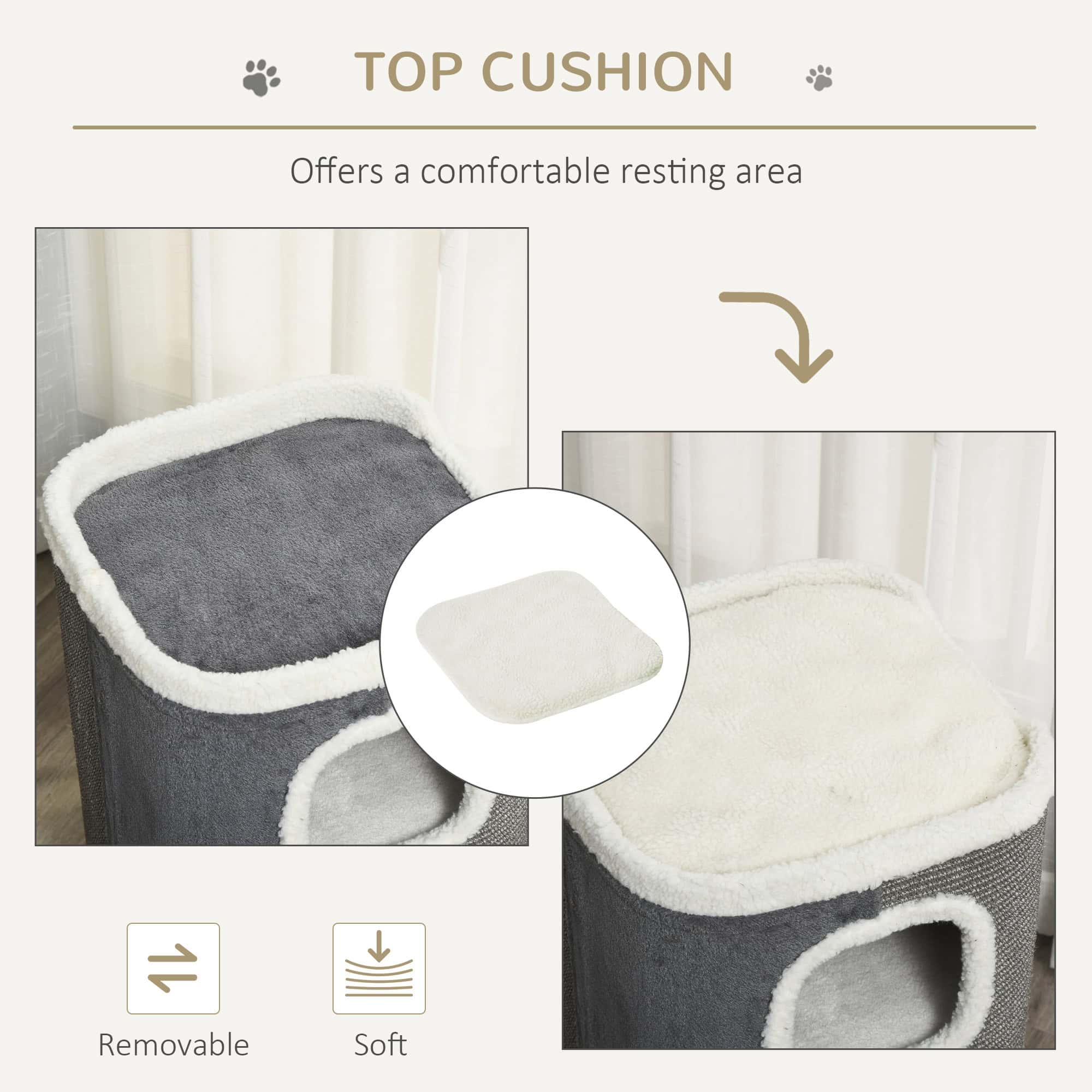 4-Story Cat House for Indoor, Cat Condo with Sisal Scratching Surface, Removable Cushion, 16" x 16" x 29", Grey