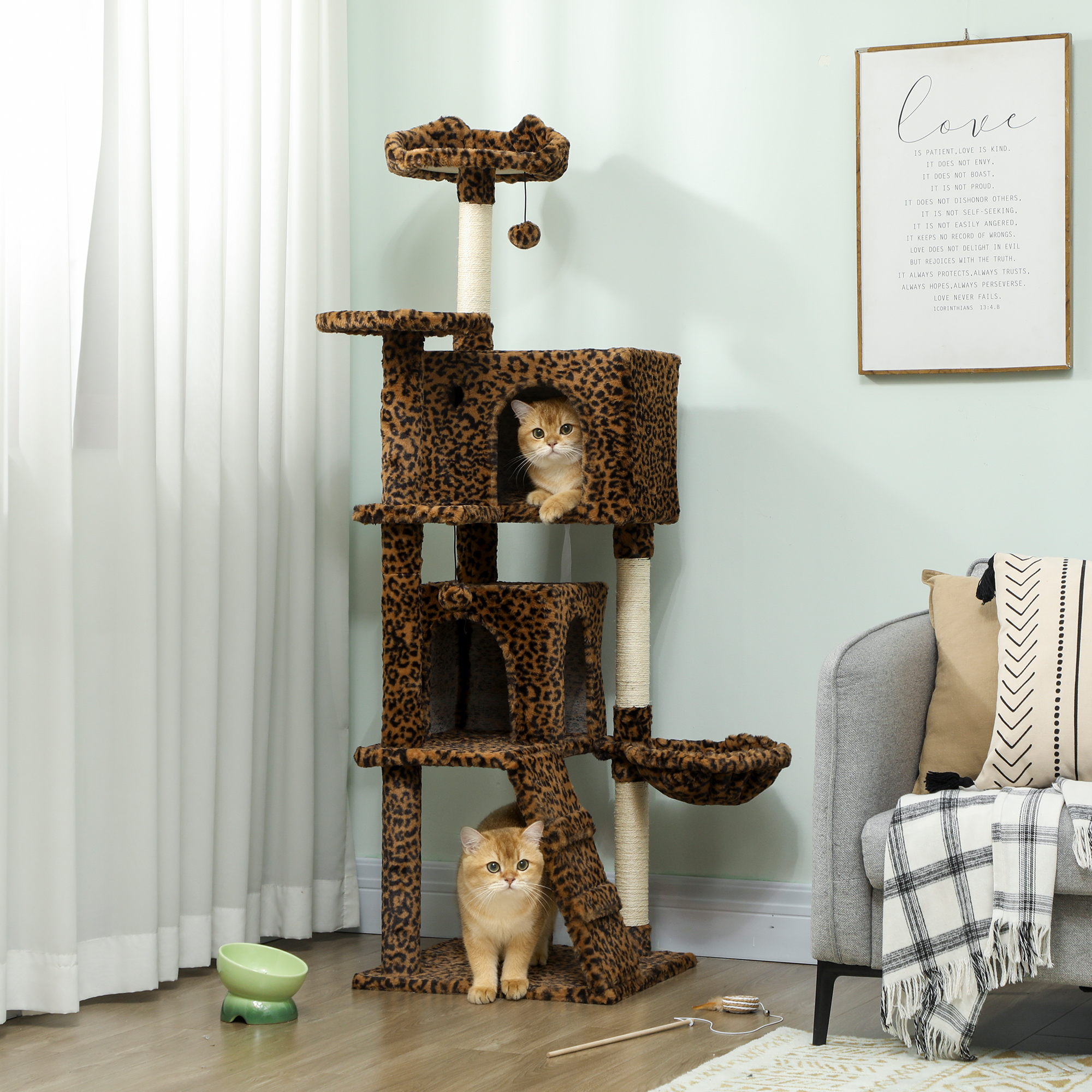 63 Inch Cat Tree with Sisal Scratching Posts, Condos, Plush Perches, Hammock, Ladder, Dangling Balls, Leopard Print