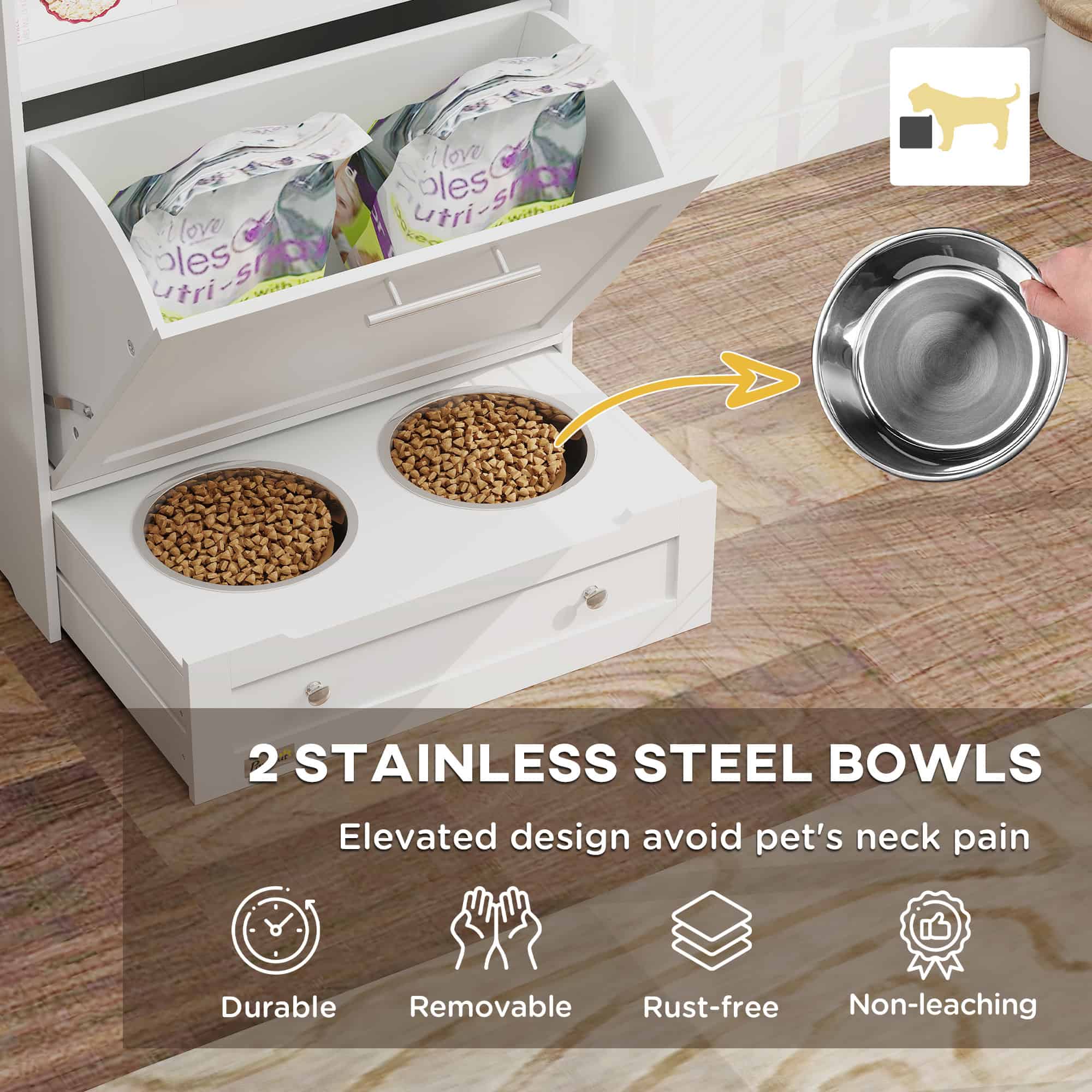 Pet Feeder Station Storage Cabinet, Dog Food Storage Container with Dog Raised Bowls, Watering Supplies, Gray - Image 4