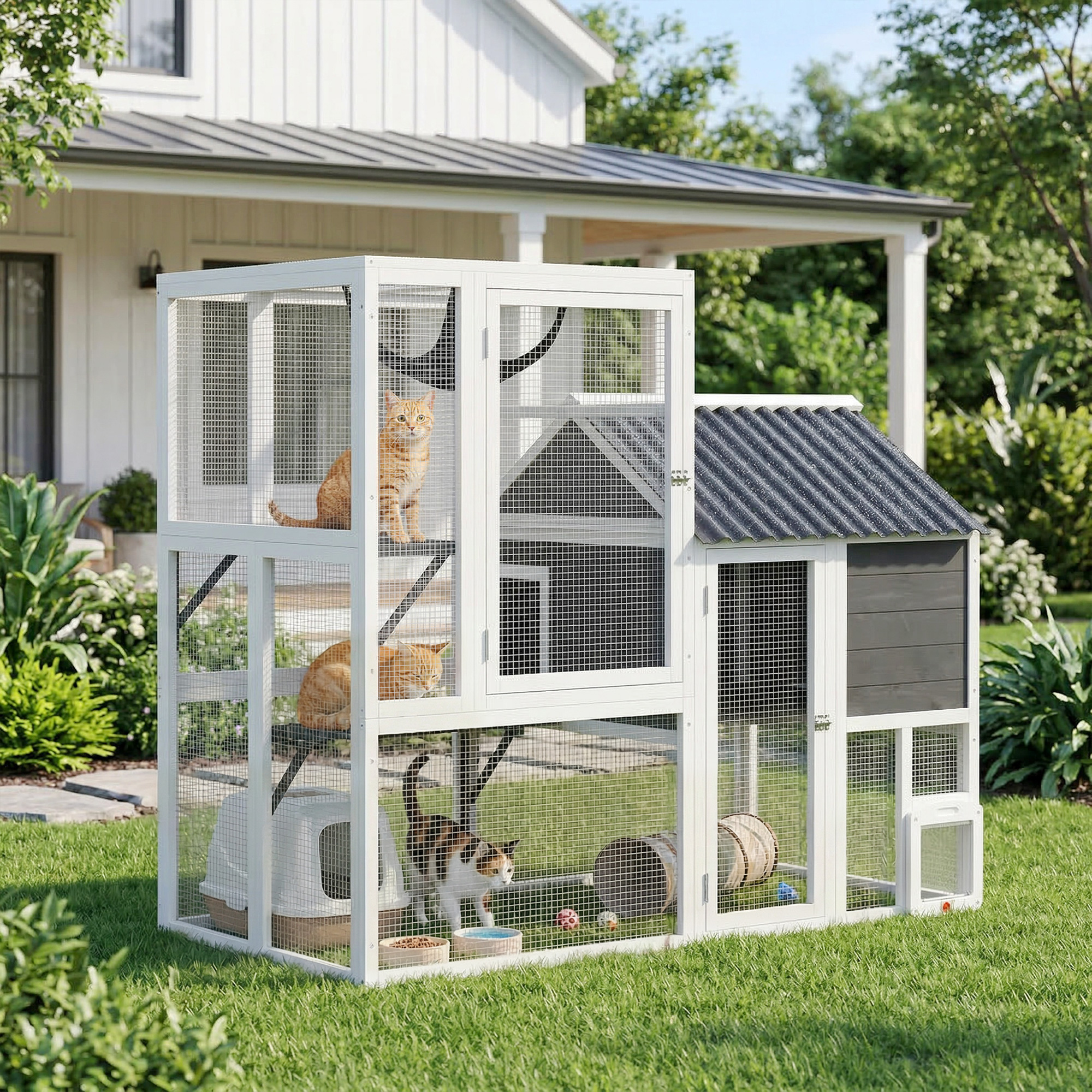 Catio Outdoor Cat Enclosure, 63" L Large Cat House with 4-Way Adjustable Door, Private House, Hammock, 2 Platforms