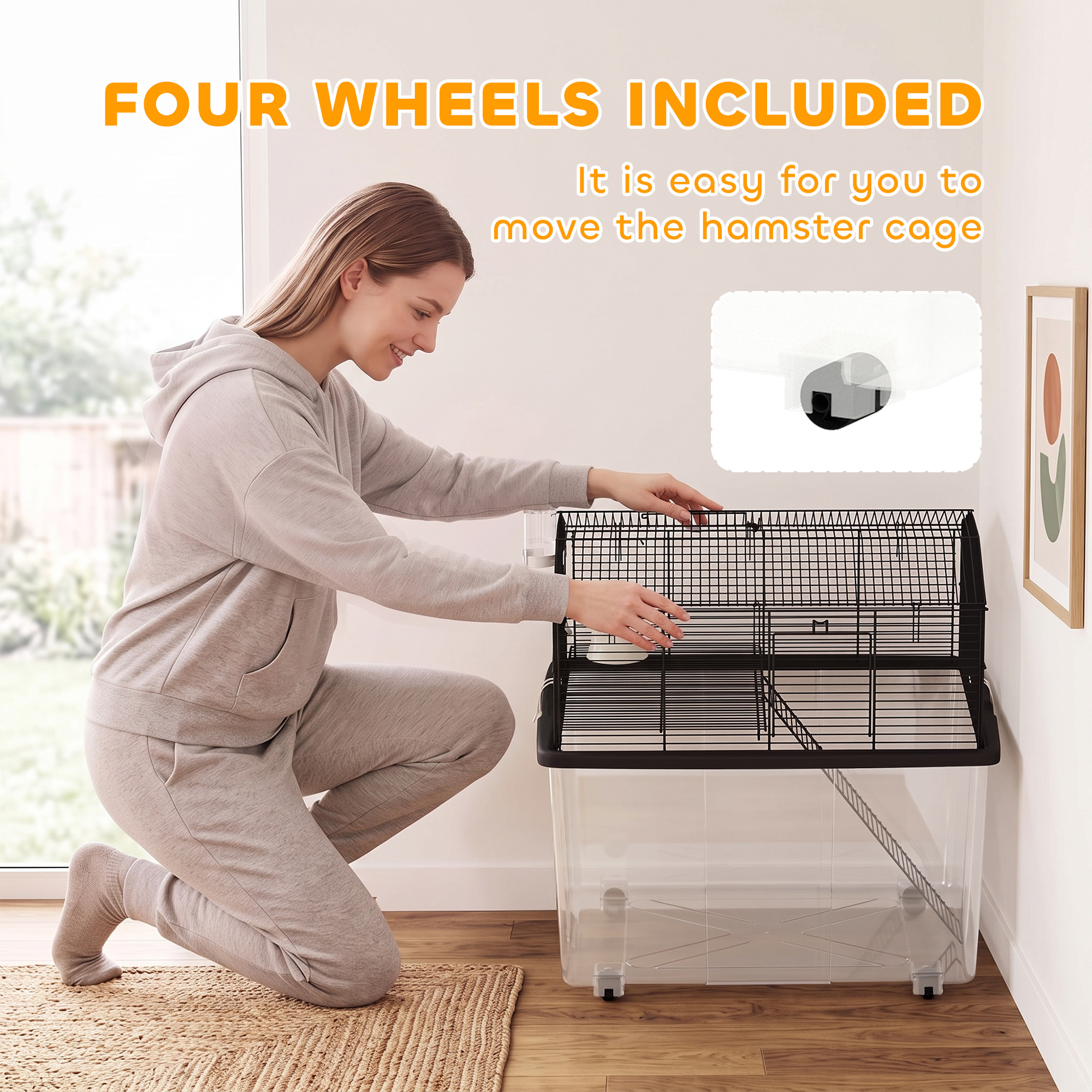 Hamster House Gerbil Habitat for Dwarf Hamster with Wheels, Detachable Bottom - Black