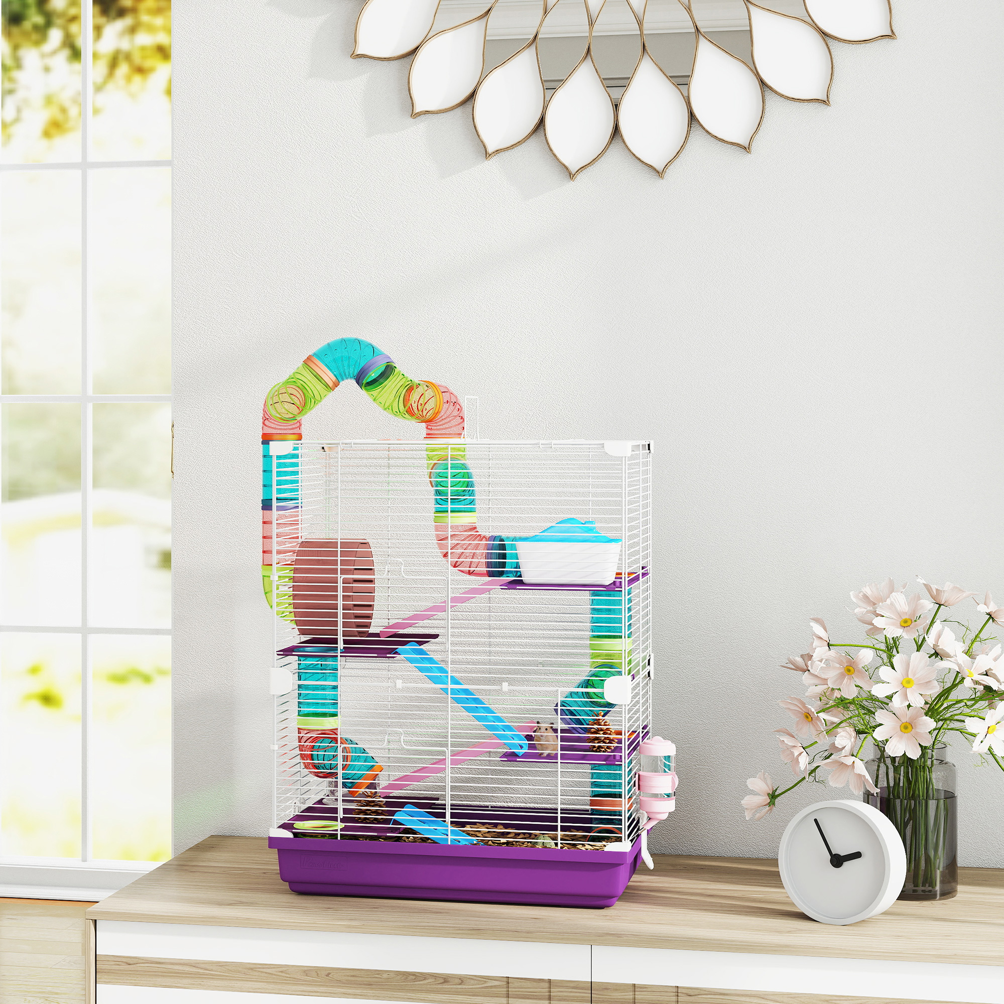 5 Tiers Hamster Cage Portable with Exercise Wheels Play Tube Water Bottle Dishes House Ladder for Gerbils, Purple