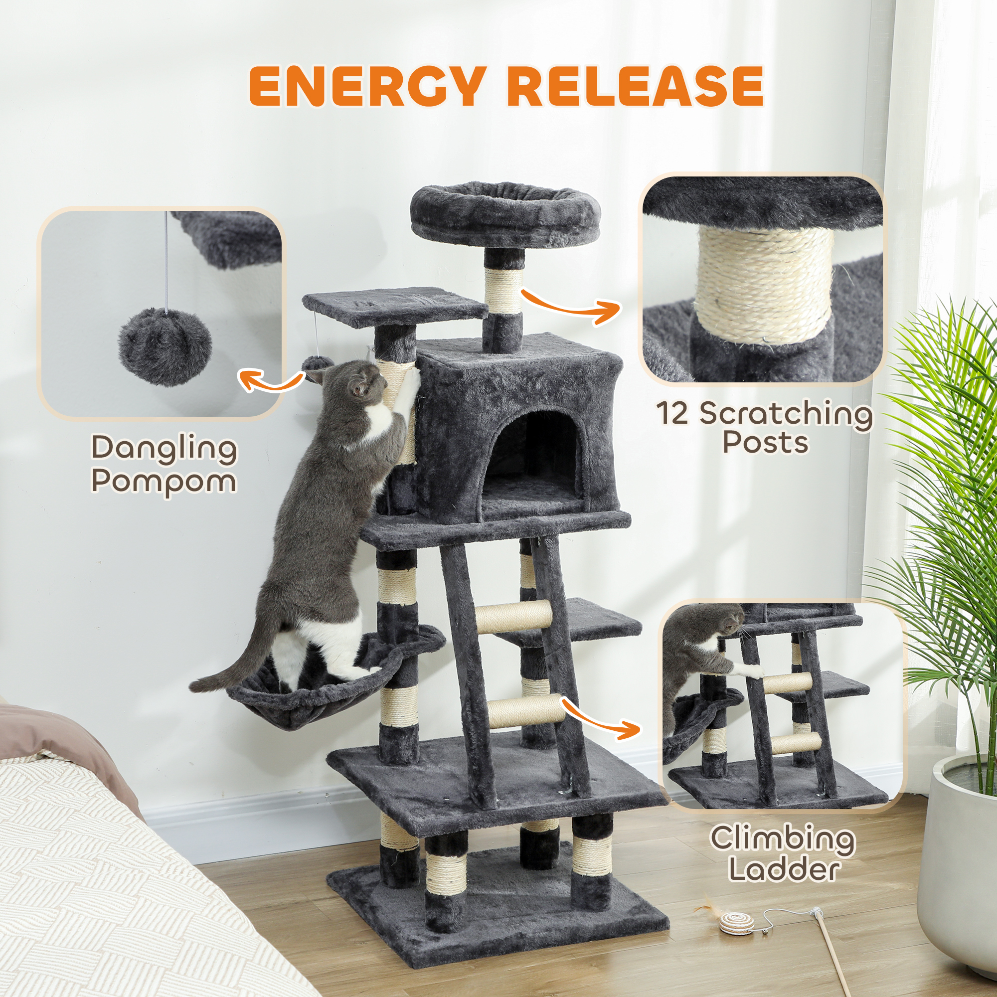52 Inch Large Cat Tree for Indoor Cats, Dark Grey