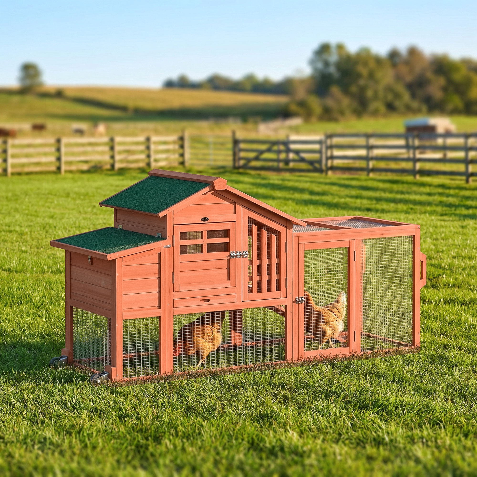 Chicken Coop with Run Mobile Wooden Hen House with Nesting Box Pull-out Tray for 1-2 Chickens Orange