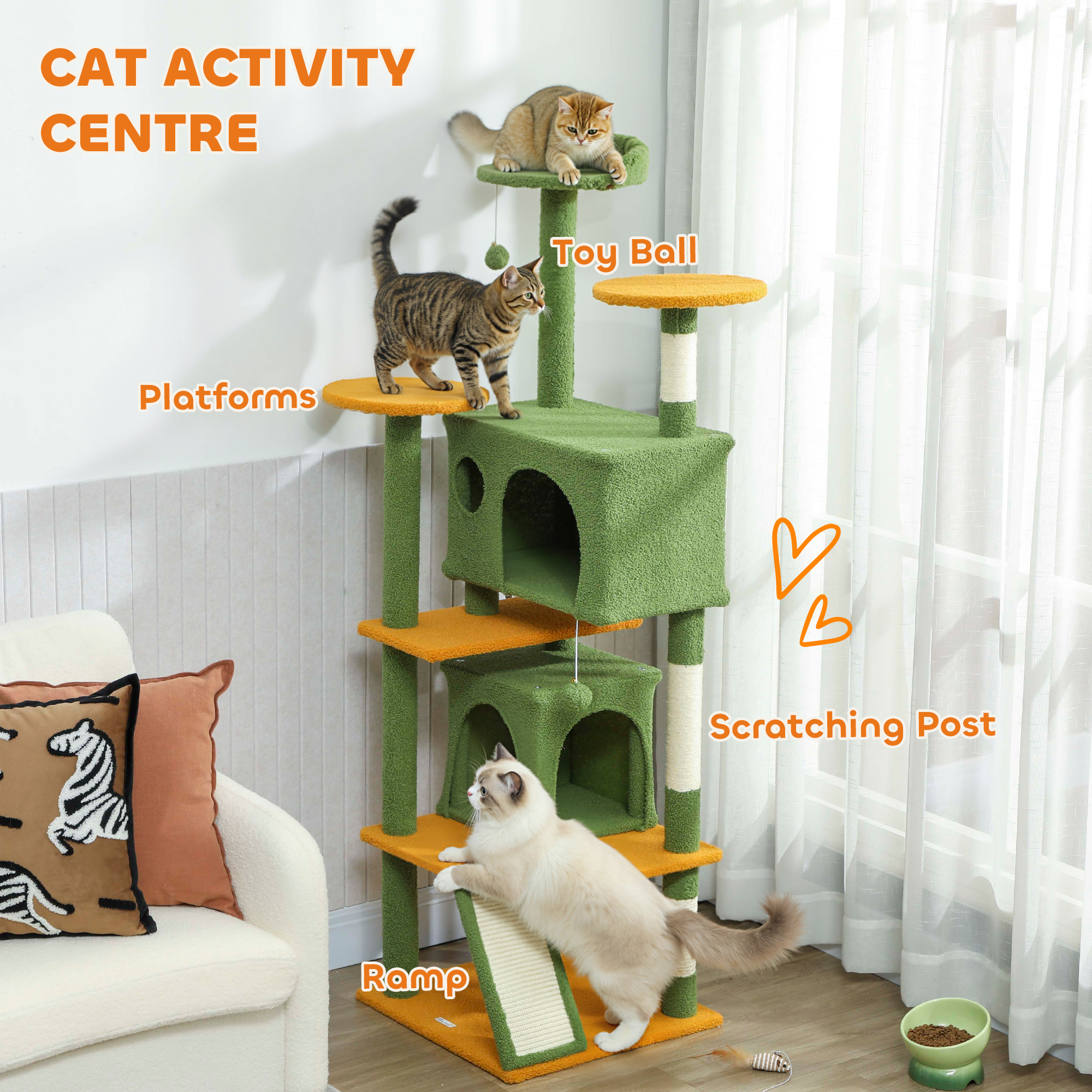 63" Cat Tree, Multi-Level Cat Tower with Scratching Posts, Cat Condos, Bed, Platforms, Ramp, Toy Ball, Green