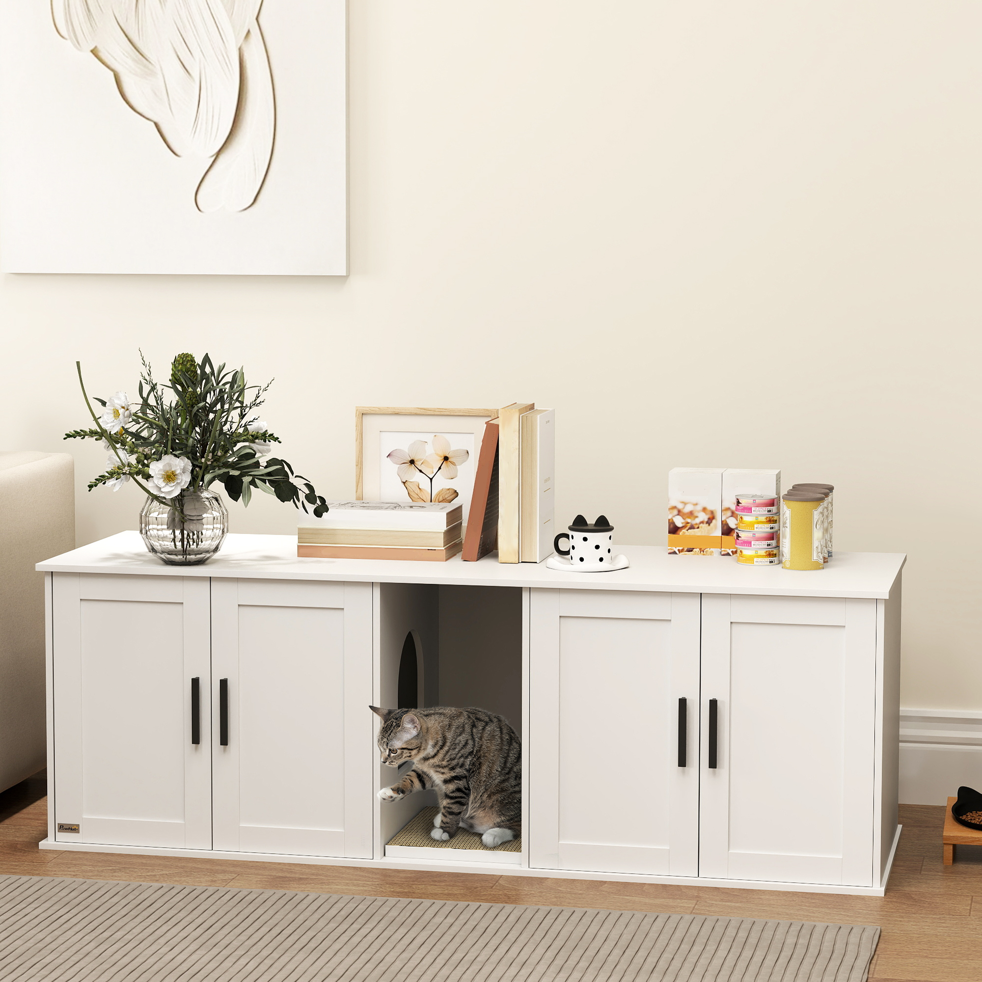 Cat Litter Box Enclosure with Double Room, Scratching Board for 2 Cats, 57" x 19" x 20", White