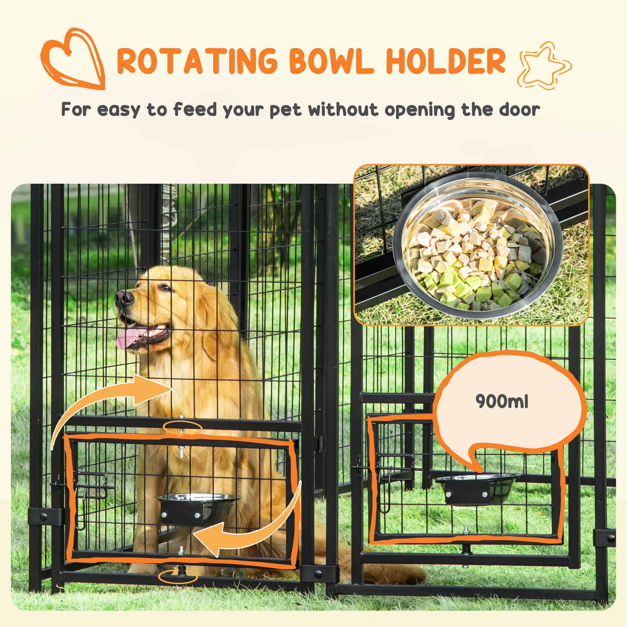 Outdoor Dog Kennel, Lockable Pet Playpen Crate, Welded Wire Steel Fence, Rotating Bowl Holders, Green