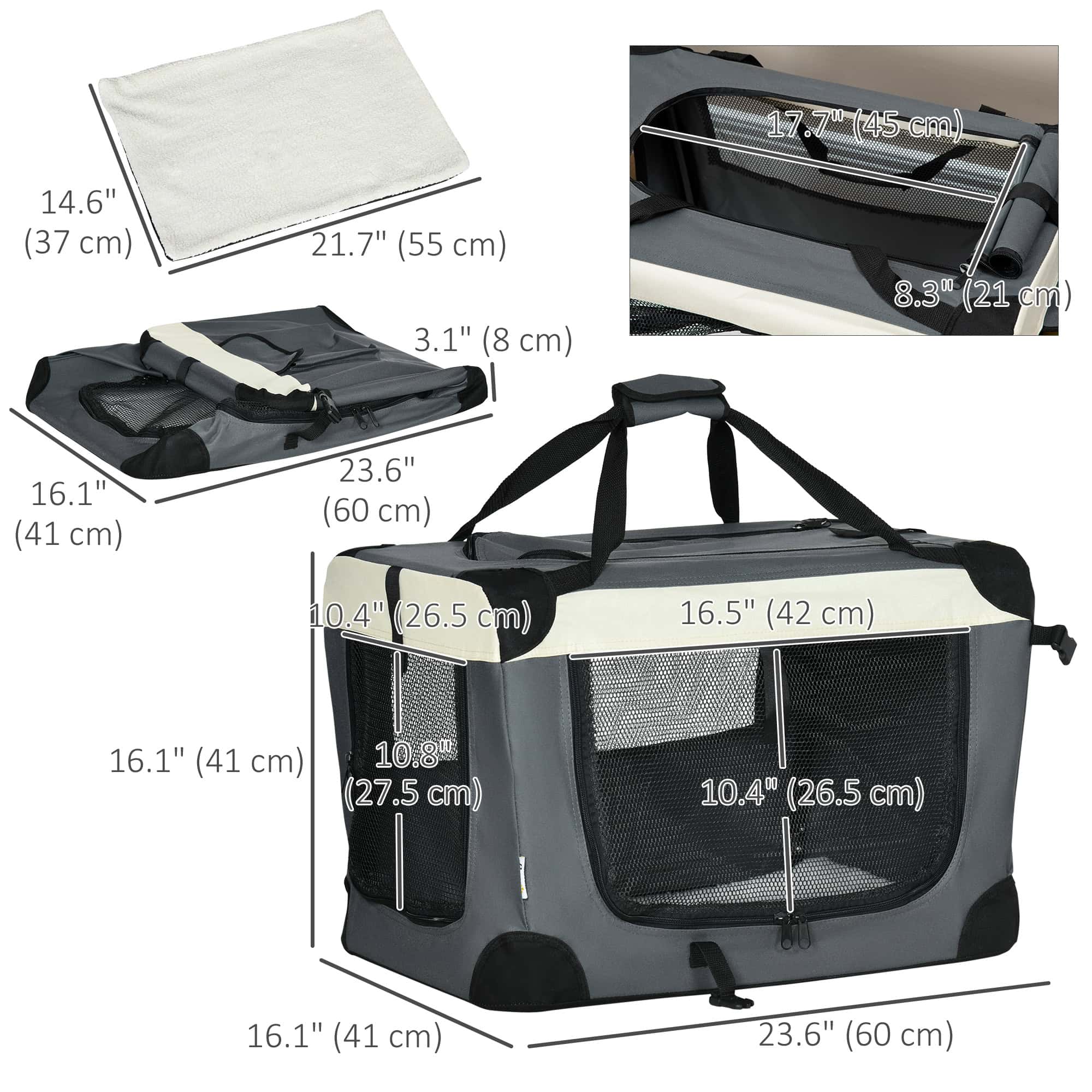 24" Foldable Pet Carrier with Removable Mat, Breathable Mesh, Soft Side Pet Travel Crate for Cat & Miniature Dogs, Grey