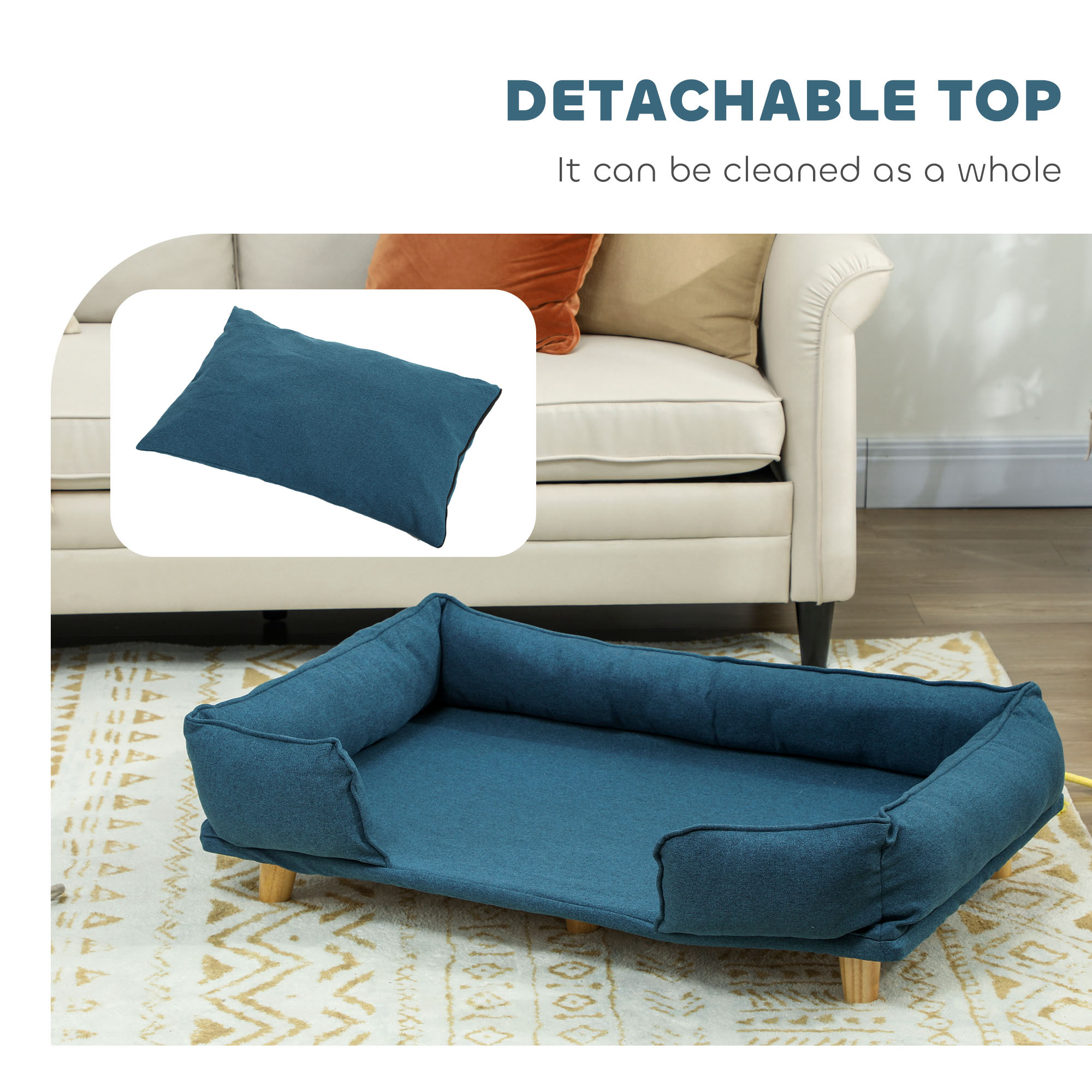 Washable Dog Sofa for Large Dogs, Elevated Pet Couch with Anti-slip Foot Pads, Dark Blue
