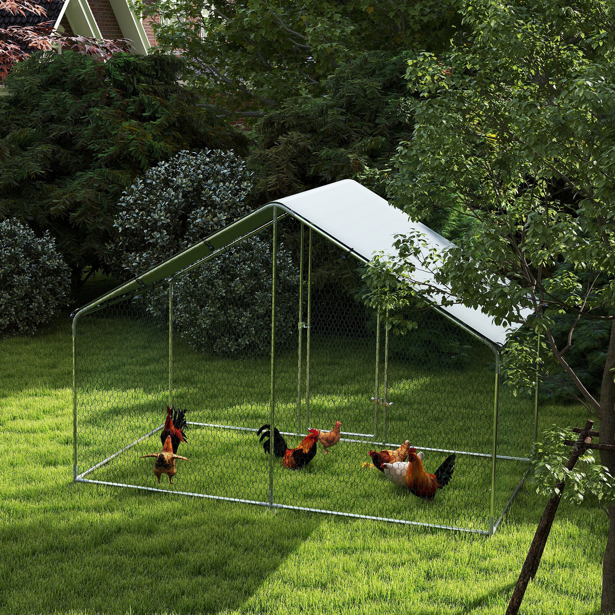 Metal Chicken Coop, 9.8 x 5.6 FT Walk-in Chicken Run with Cover, Lockable Door, Outdoor Poultry Cage for 5-8 Chickens