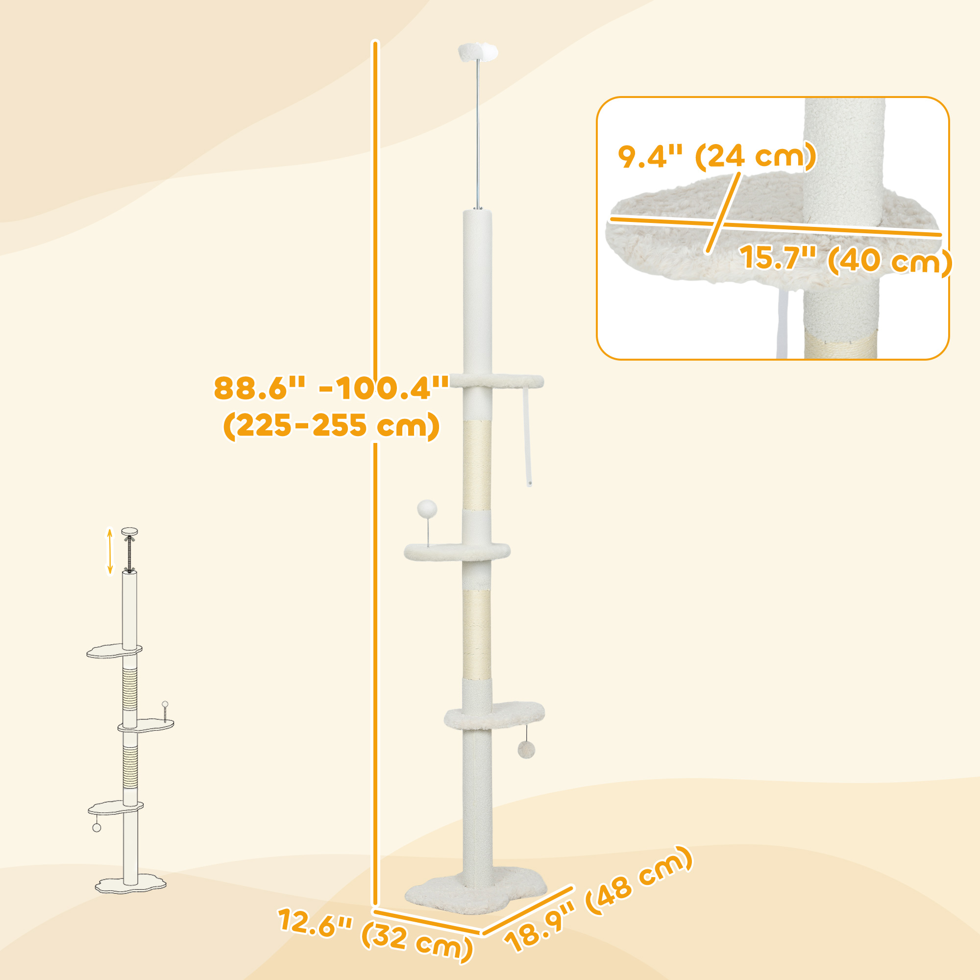 88.5"-100.5" Floor to Ceiling Cat Tree, Cat Tower with Scratching Posts, Cloud Shaped Platforms, Dangling Balls, Cream - Image 3