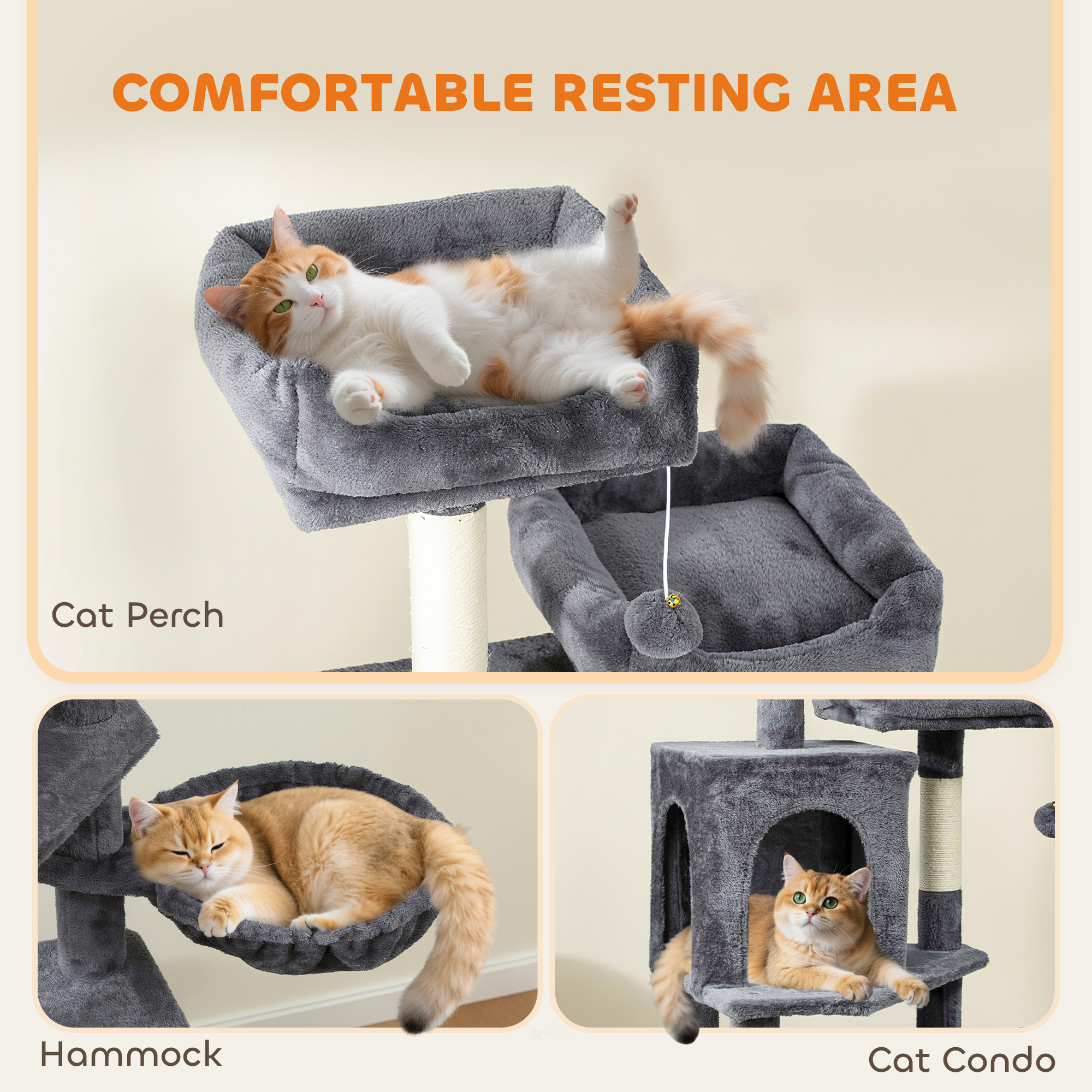 Cat Tree, 70" Multi-Level Cat Tower with 2 Condos, 2 Perches, Hammock, Toy Balls, Scratching Posts and Board, Dark Grey