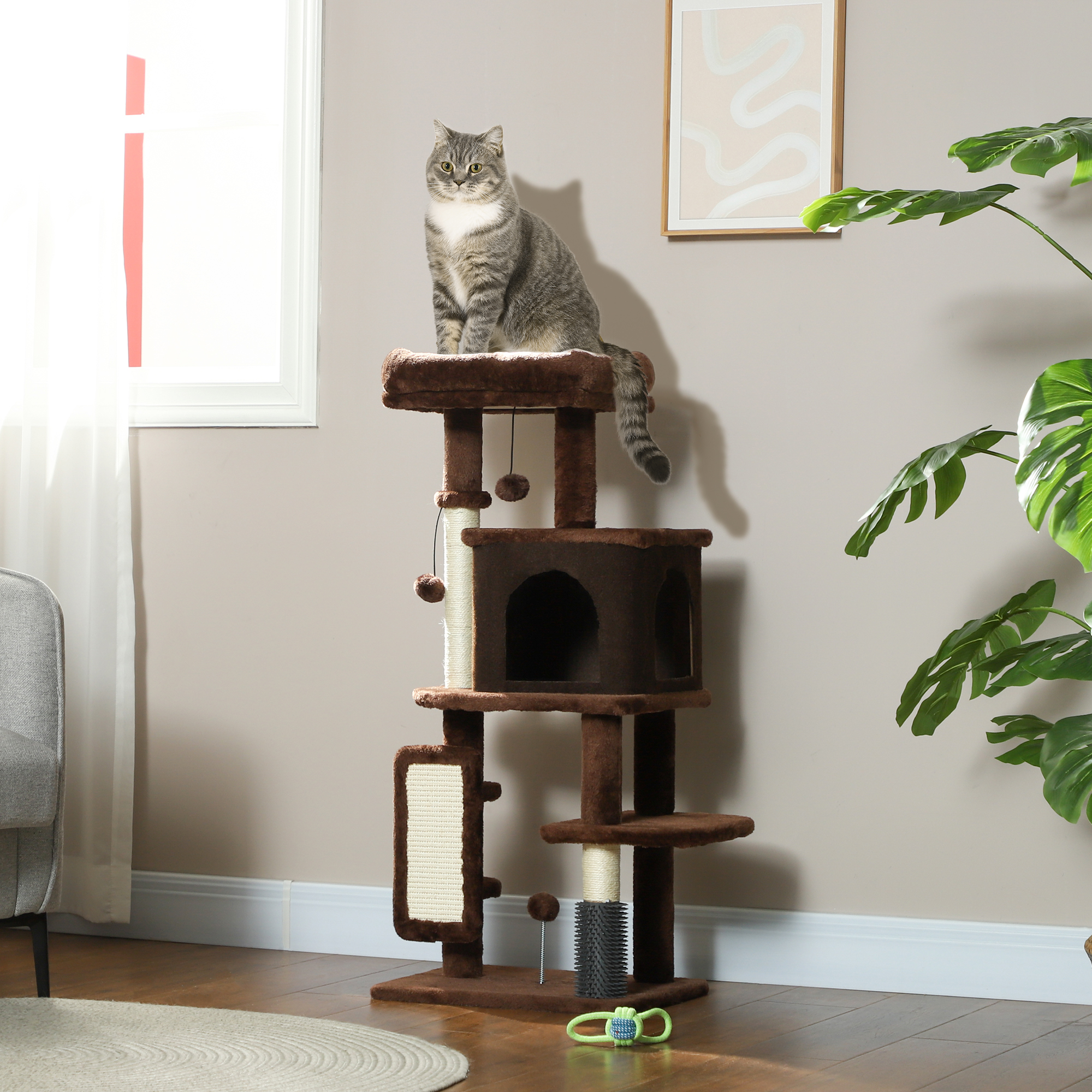 41 Inch Cat Tree with Scratching Posts, Cat Bed, Condo, Grooming Brush, Jumping Platforms, Toy Balls, Anti-tip Kit
