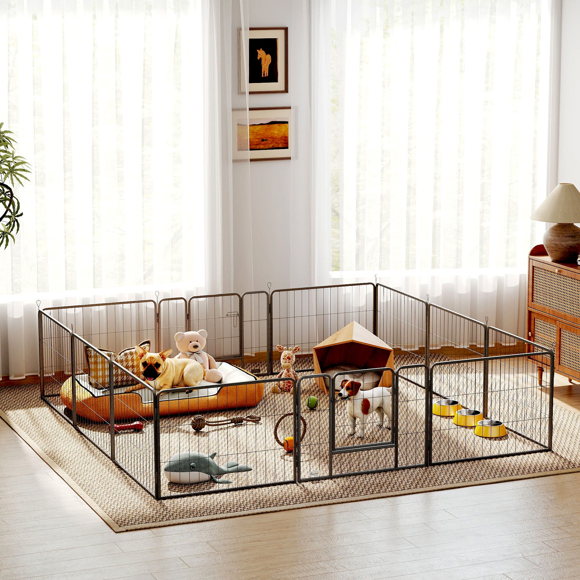 Dog Playpen, 31.5"W Heavy-Duty Metal Puppy Play Pen, Pet Exercise Fences for Outside and Indoor, DIY Design with Door for Small Dogs, 12 Panels, 23.5"H