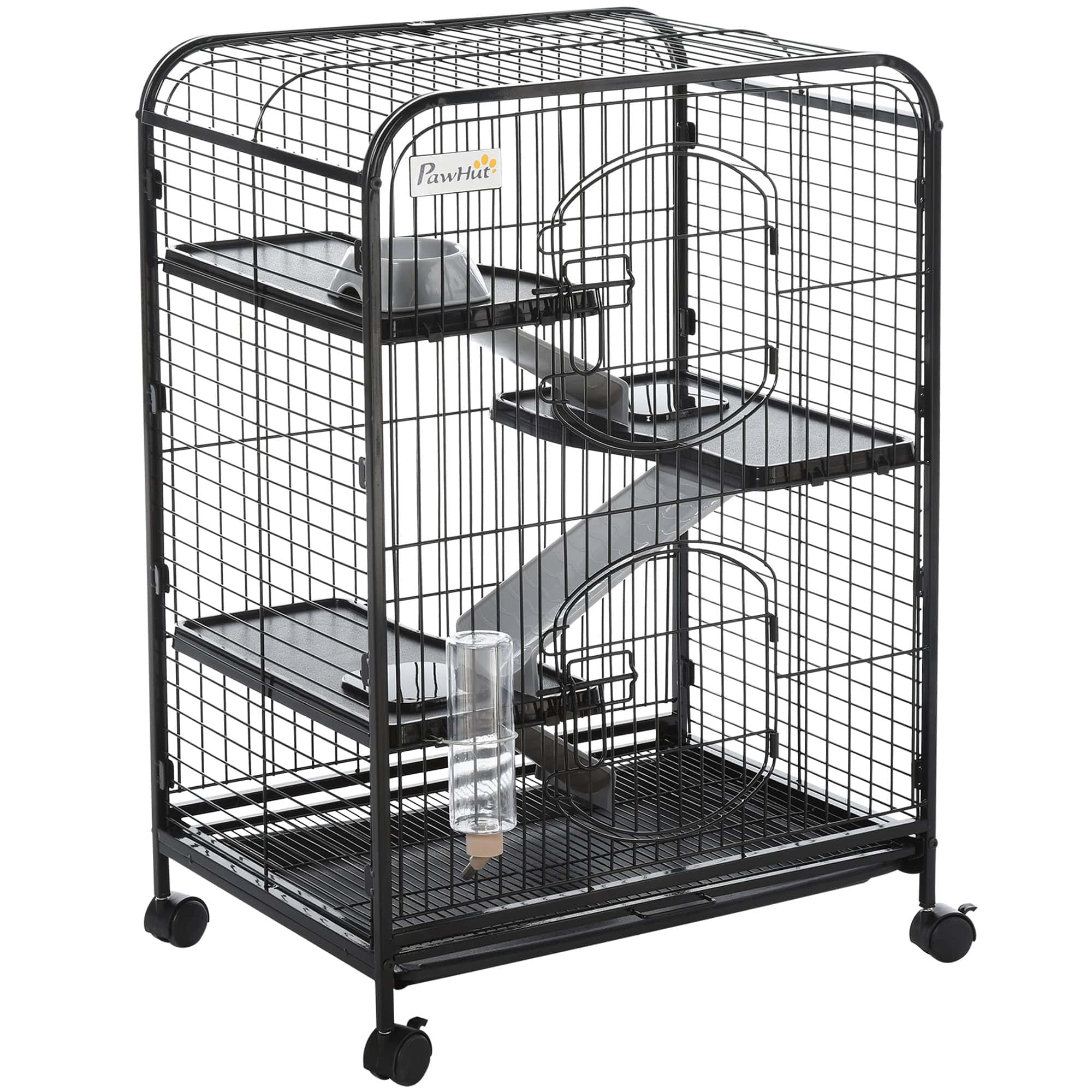 37"H Ferret Cage, 4-Tier Rolling Rabbit Ferret Chinchilla Squirrel Cage with Removable Tray, Platform, Ramp, Food Dish, Water Bottle, 24" x 17" x 37"