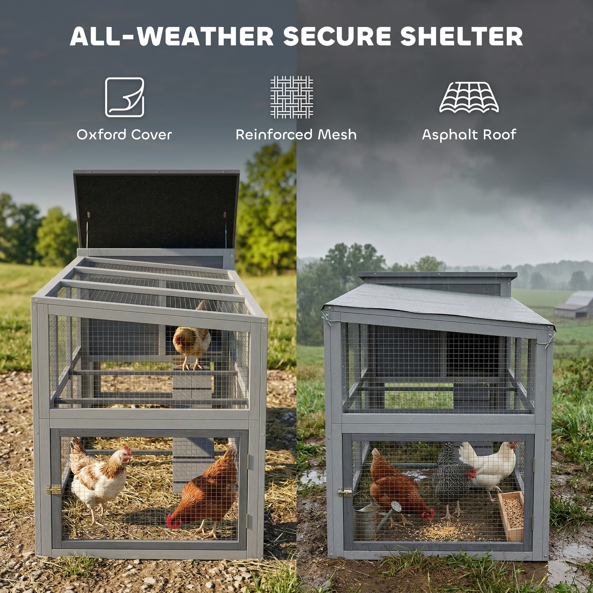 Large Chicken Coop, Wooden Hen House with Covered Run, Nesting Box, Pull-Out Tray, Opening Asphalt Roof
